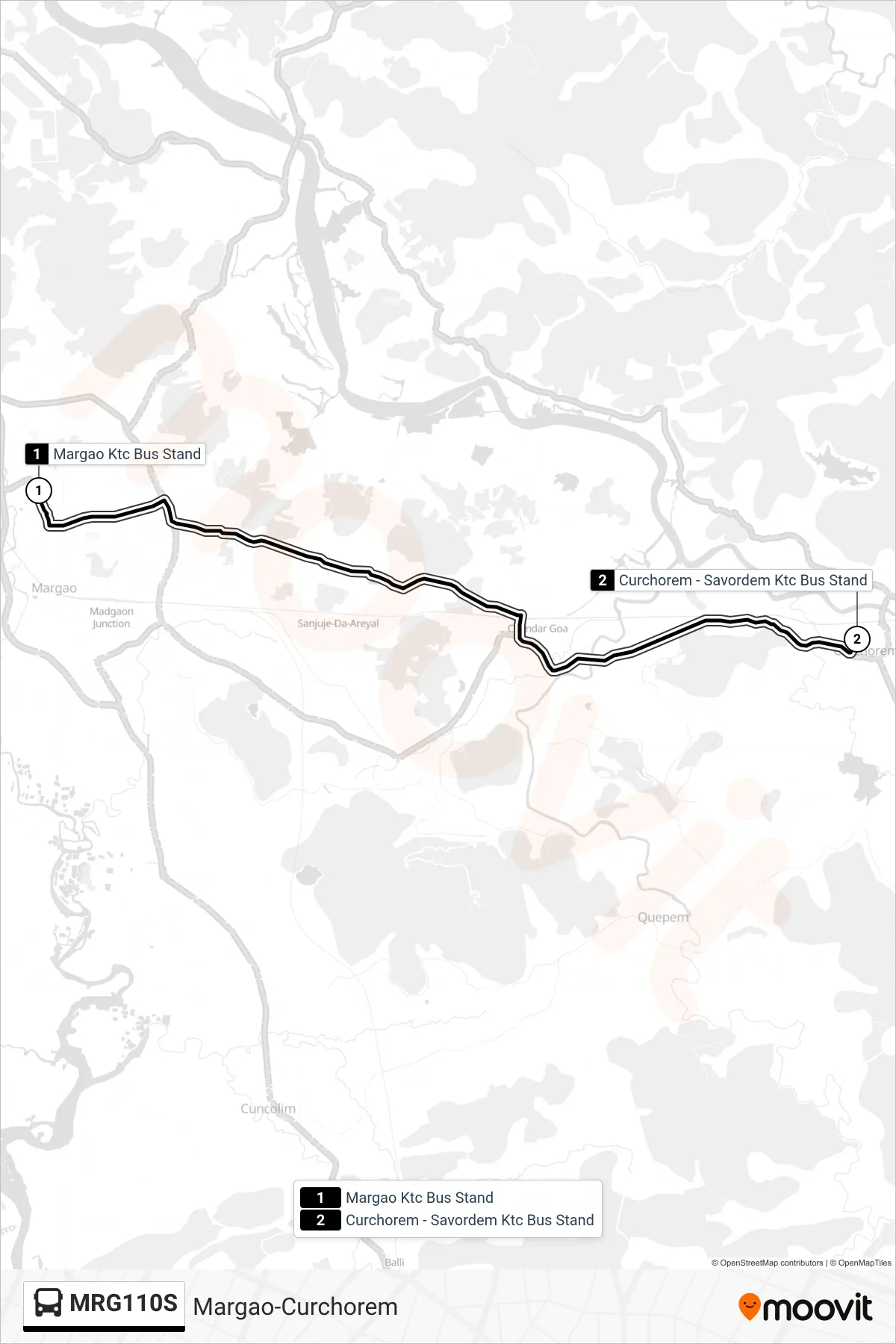 MRG110S bus Line (Margao-Curchorem) route and stops on a map