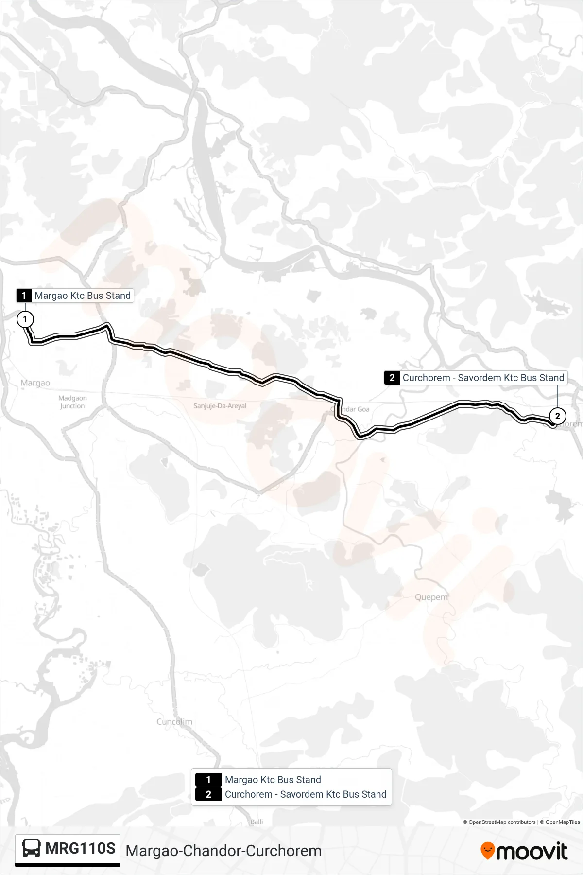MRG110S bus Line (Margao-Chandor-Curchorem) route and stops on a map