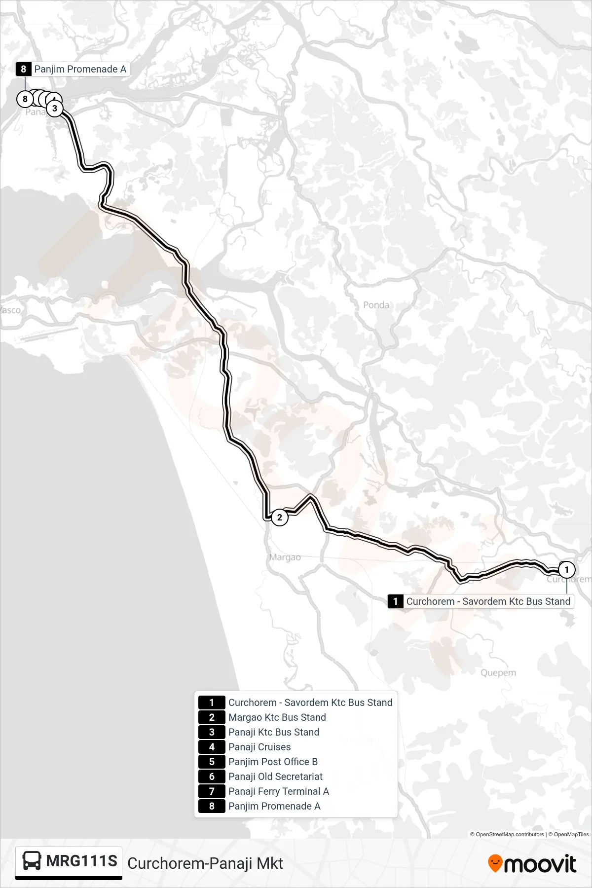 MRG111S bus Line (Curchorem-Panaji Mkt) route and stops on a map