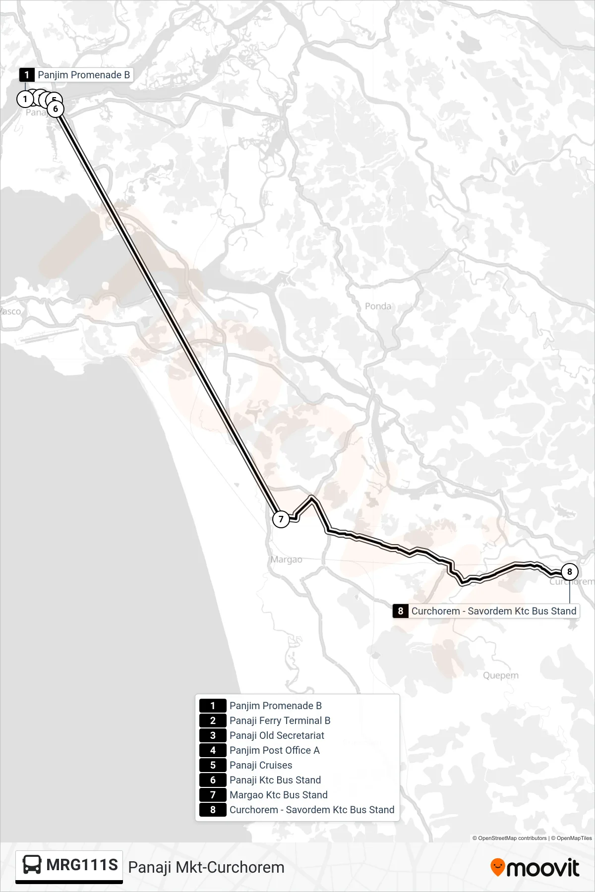 MRG111S bus Line (Panaji Mkt-Curchorem) route and stops on a map