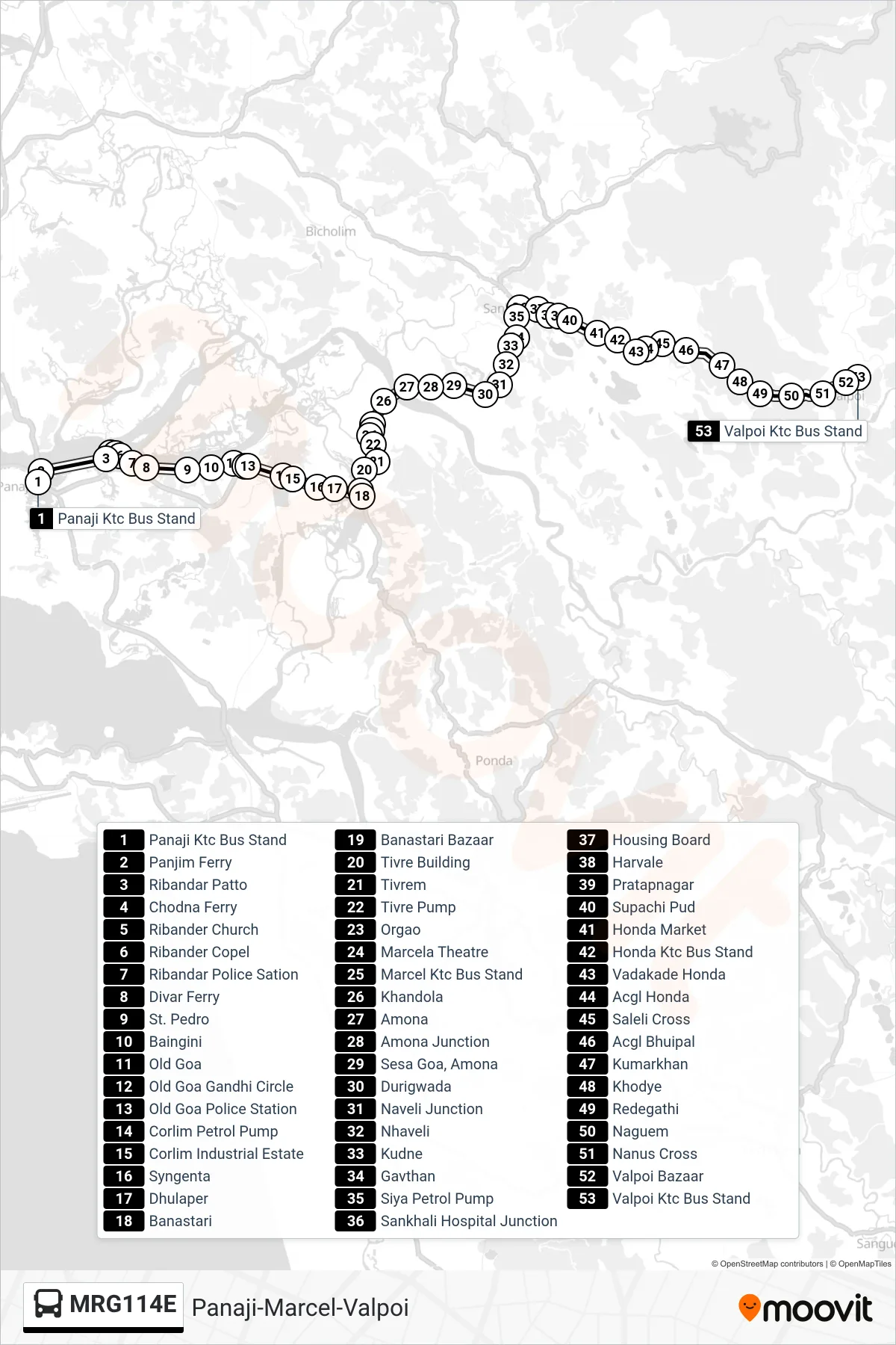 MRG114E bus Line (Panaji-Marcel-Valpoi) route and stops on a map
