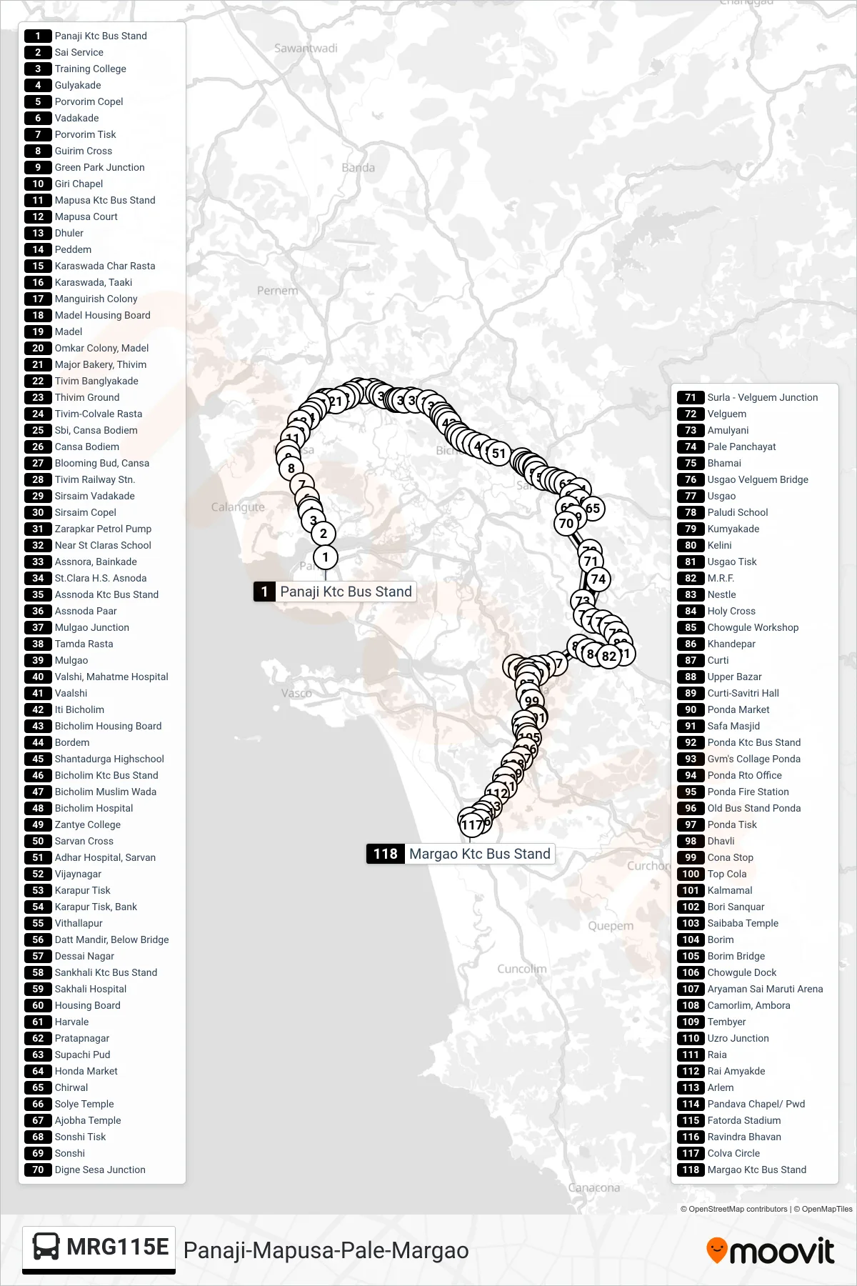 MRG115E bus Line (Panaji-Mapusa-Pale-Margao) route and stops on a map