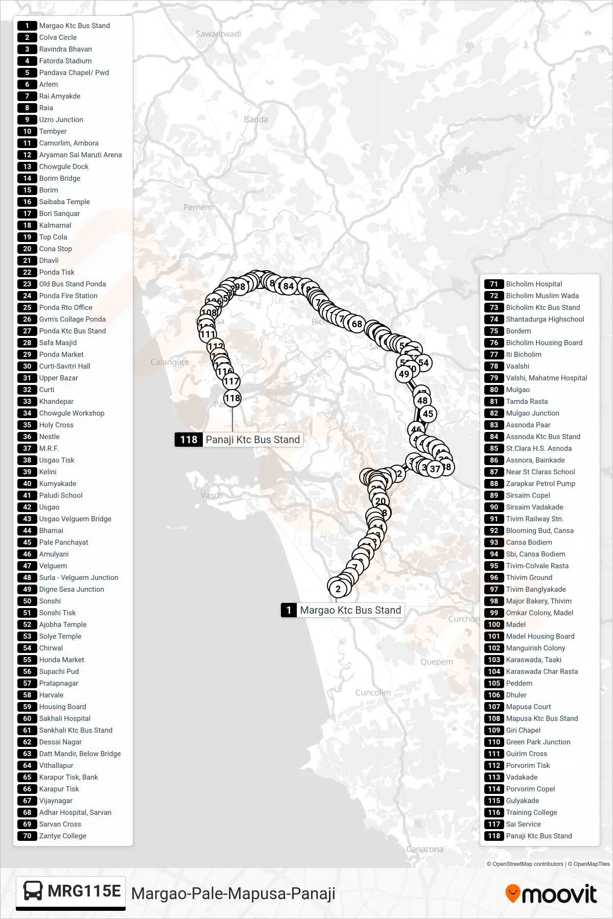 MRG115E bus Line (Margao-Pale-Mapusa-Panaji) route and stops on a map