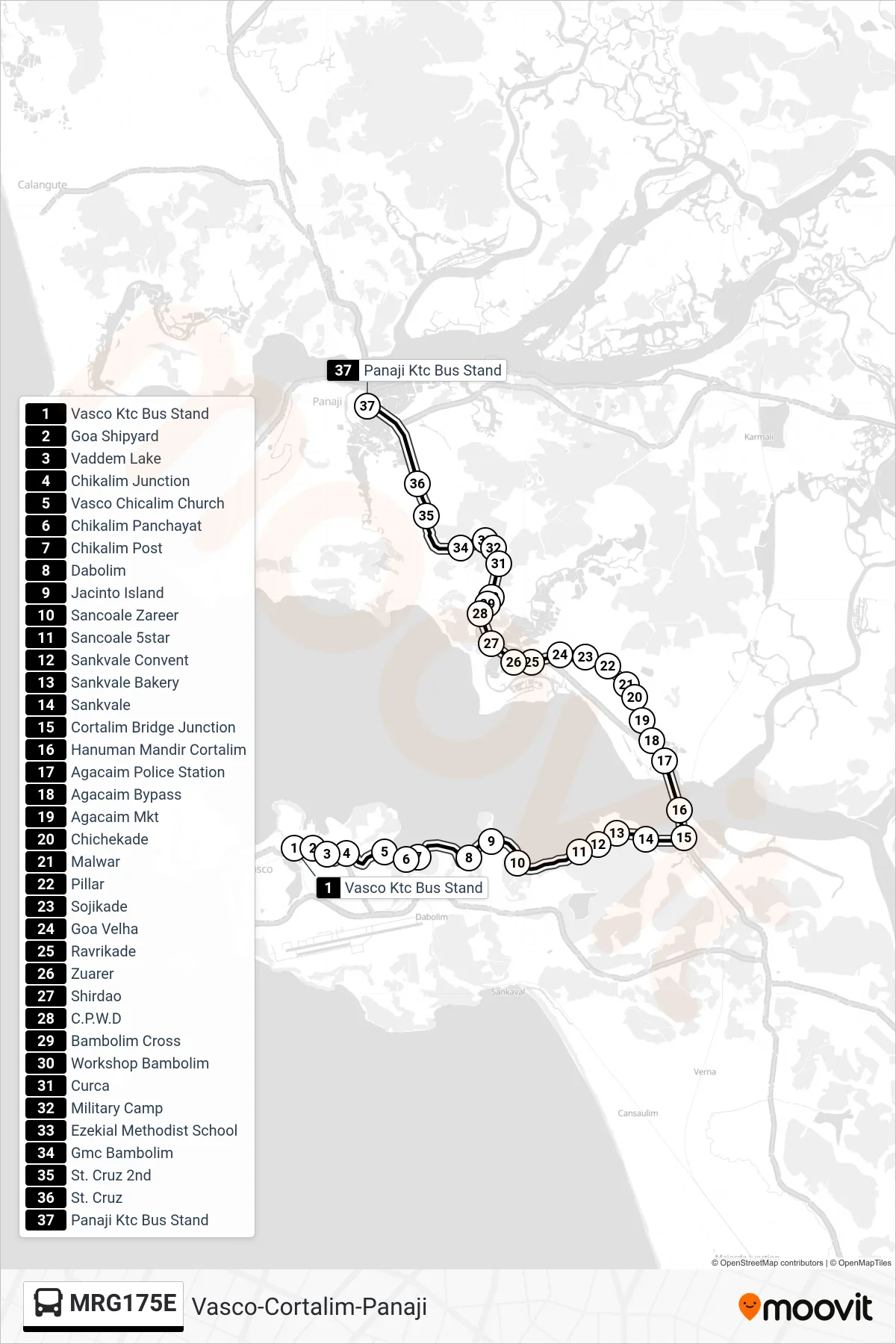 MRG175E bus Line (Vasco-Cortalim-Panaji) route and stops on a map
