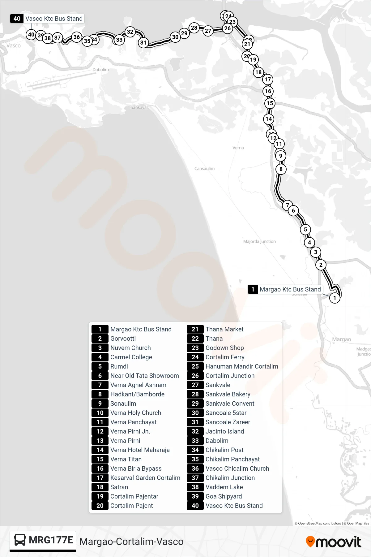MRG177E bus Line (Margao-Cortalim-Vasco) route and stops on a map