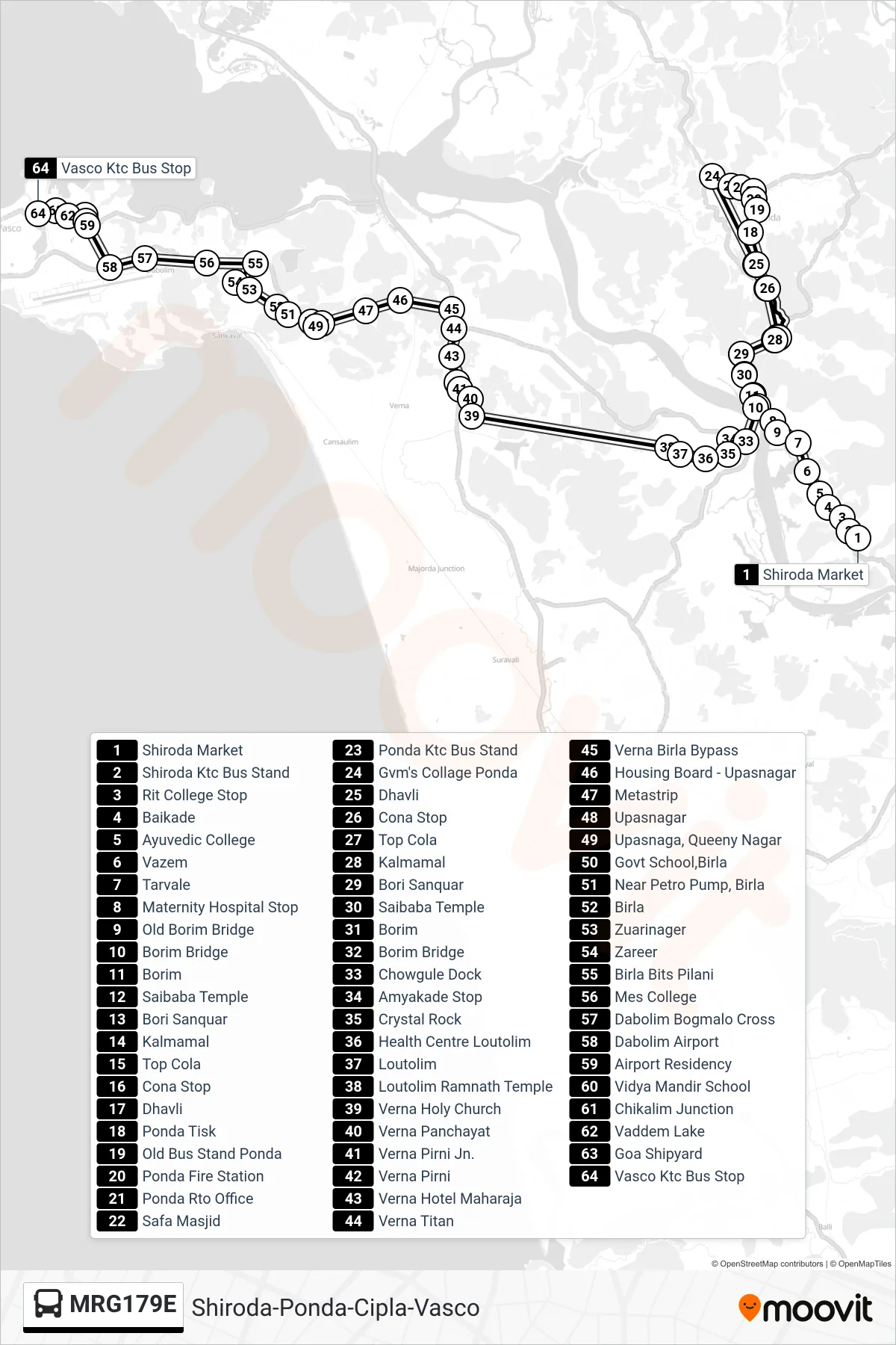 MRG179E bus Line (Shiroda-Ponda-Cipla-Vasco) route and stops on a map