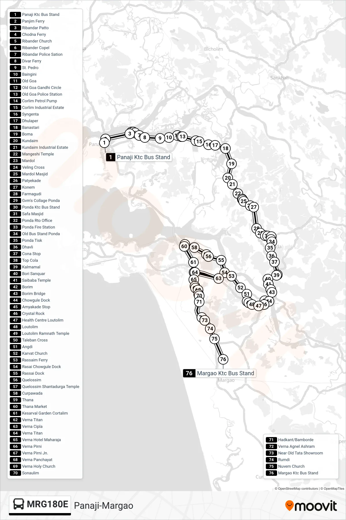 MRG180E bus Line (Panaji-Margao) route and stops on a map