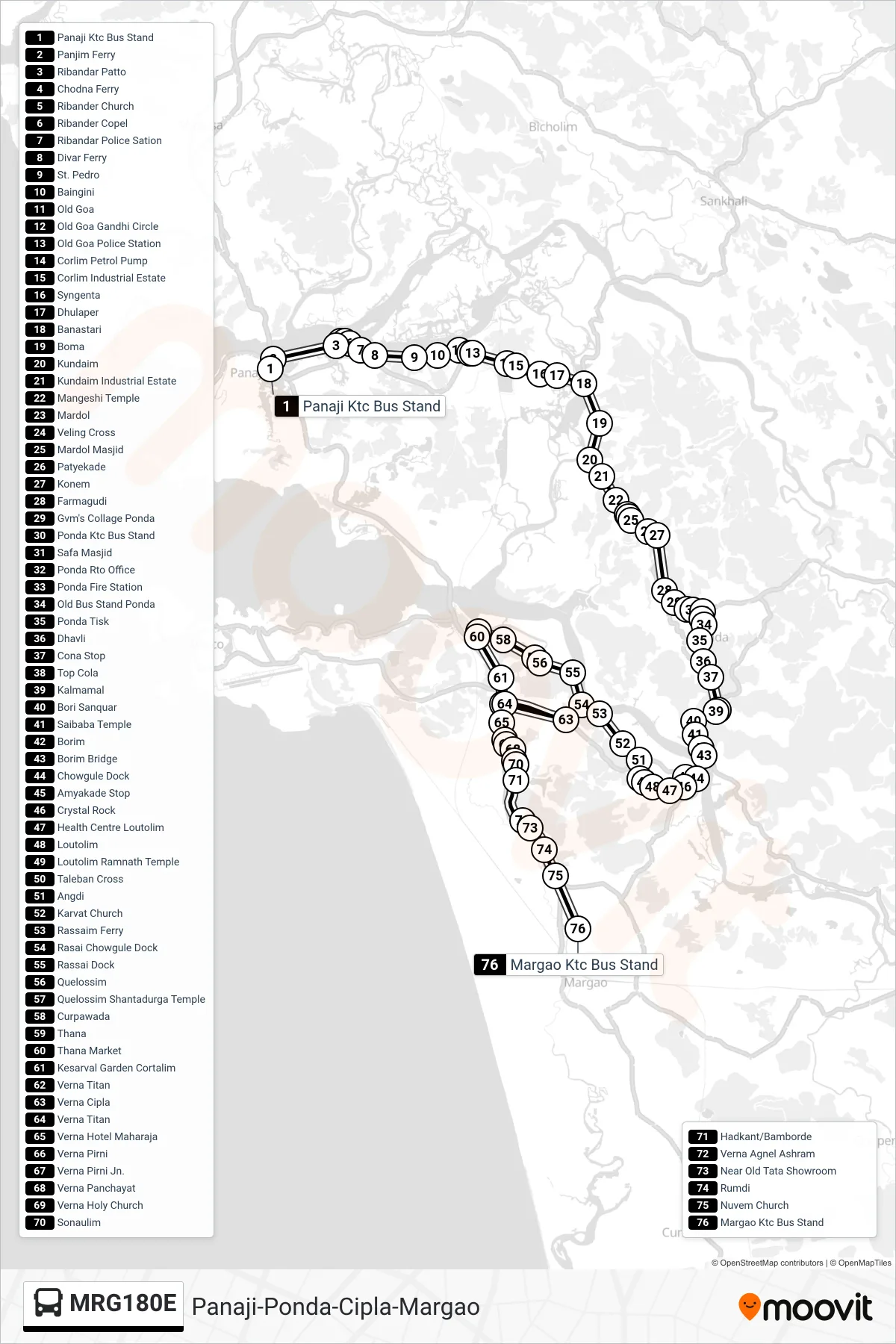 MRG180E bus Line (Panaji-Ponda-Cipla-Margao) route and stops on a map
