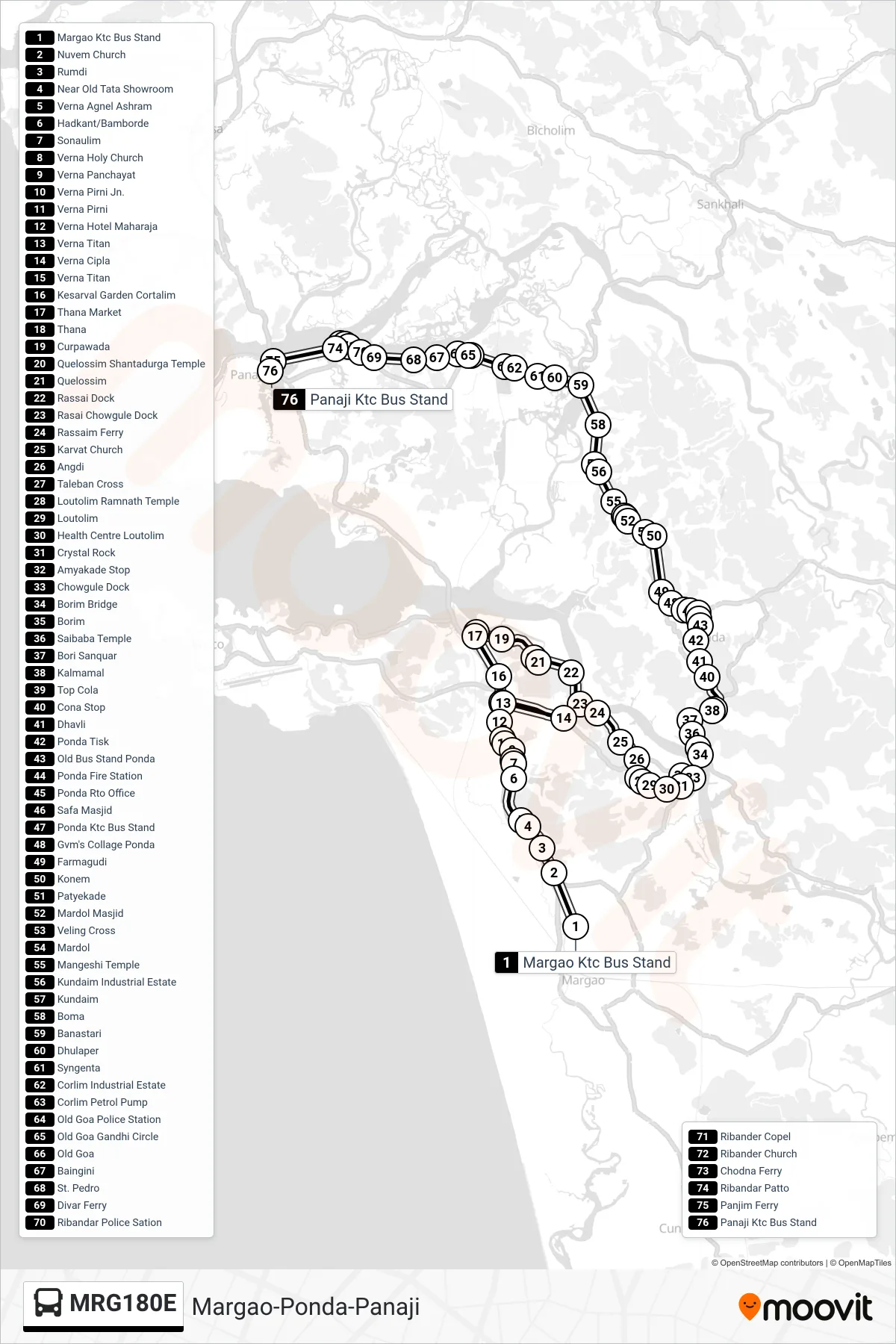 MRG180E bus Line (Margao-Ponda-Panaji) route and stops on a map
