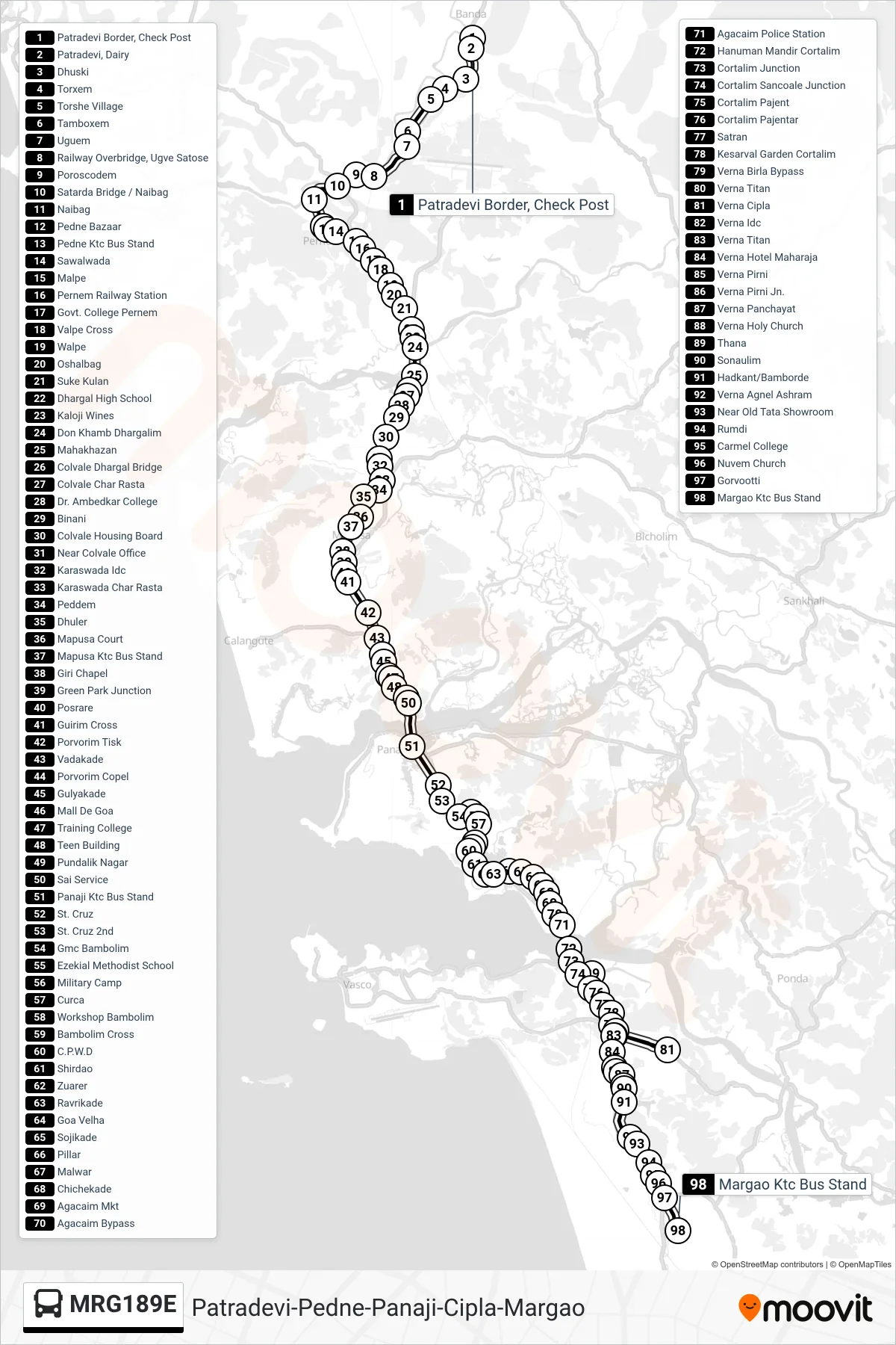 MRG189E bus Line (Patradevi-Pedne-Panaji-Cipla-Margao) route and stops on a map