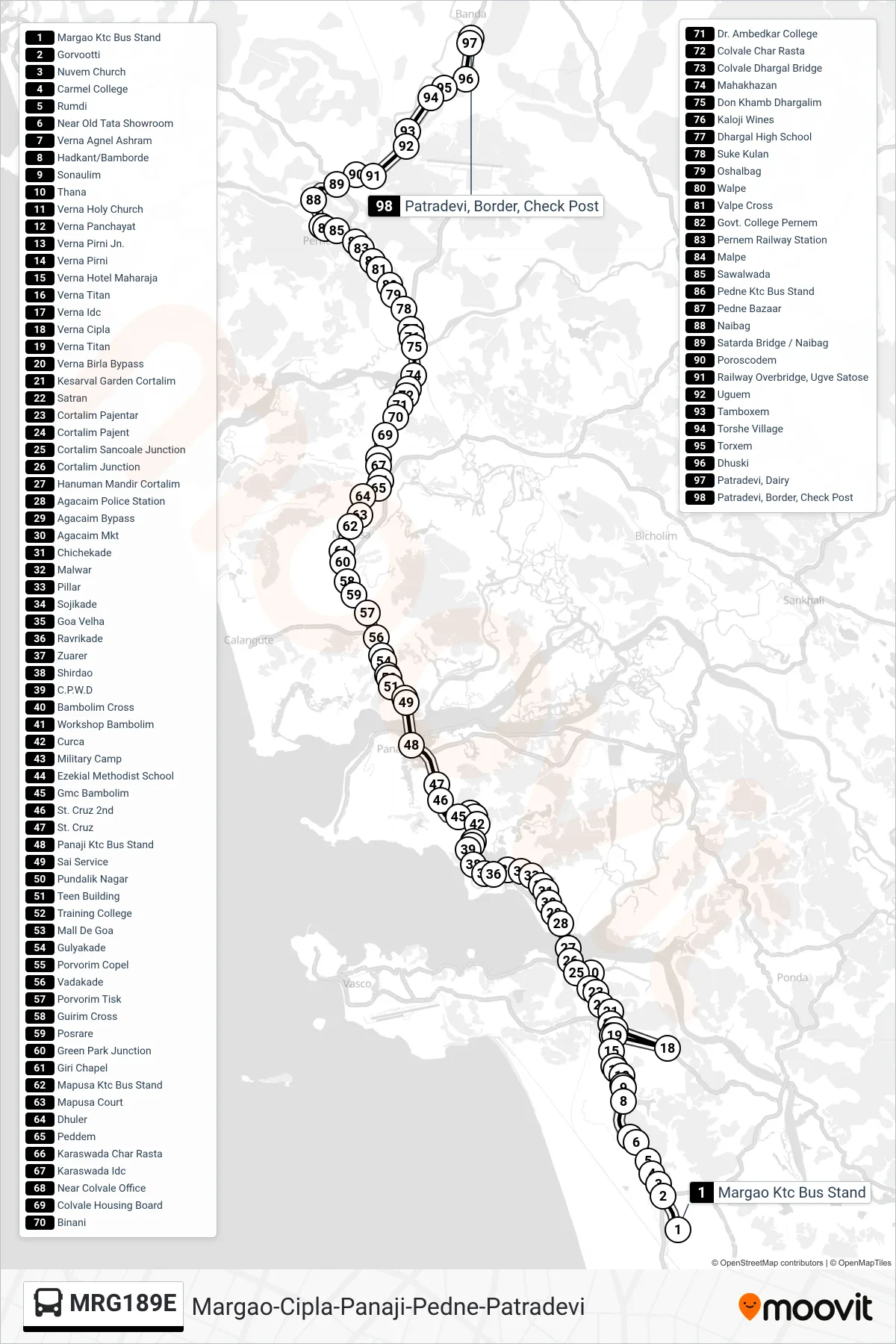 MRG189E bus Line (Margao-Cipla-Panaji-Pedne-Patradevi) route and stops on a map