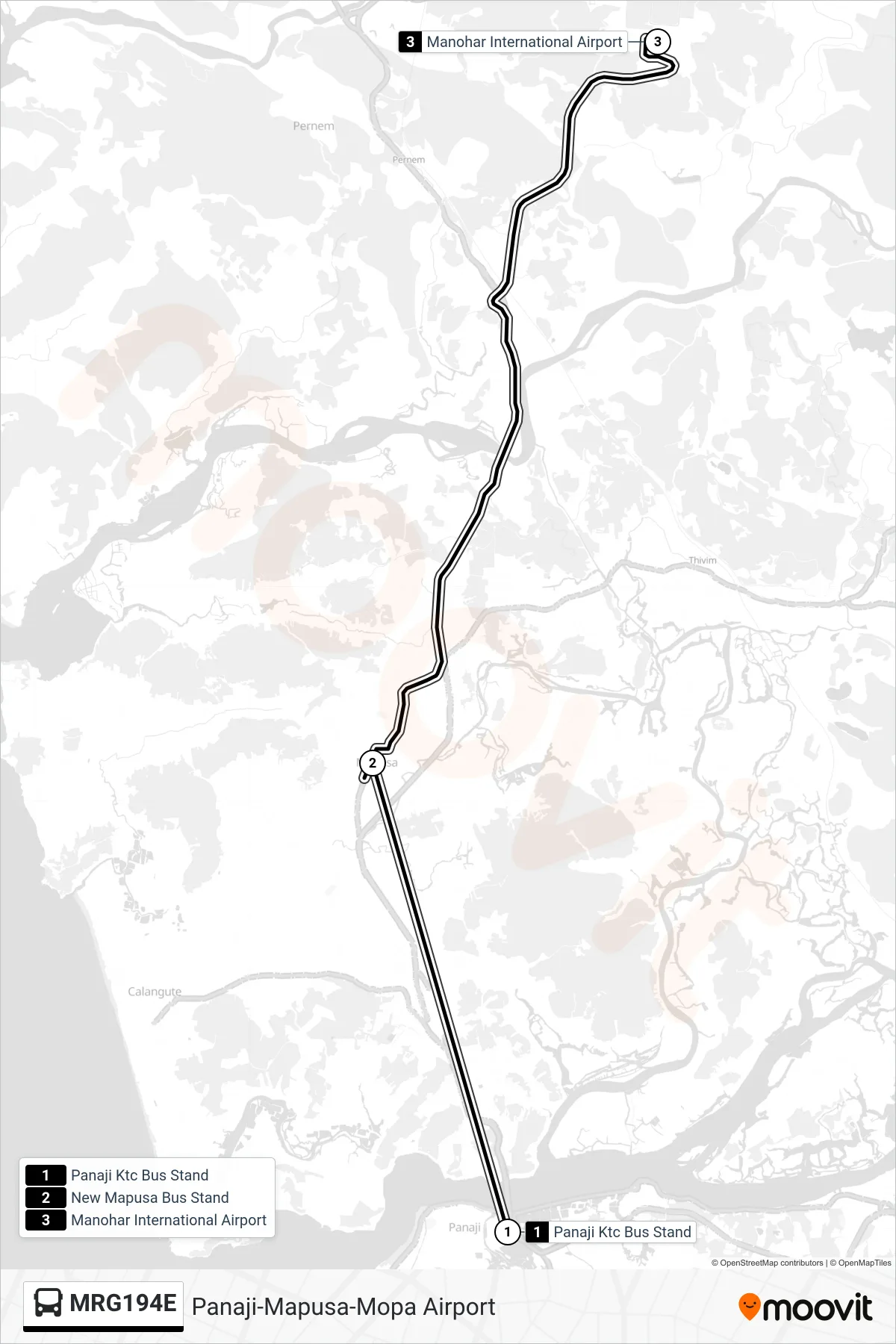 MRG194E bus Line (Panaji-Mapusa-Mopa Airport) route and stops on a map