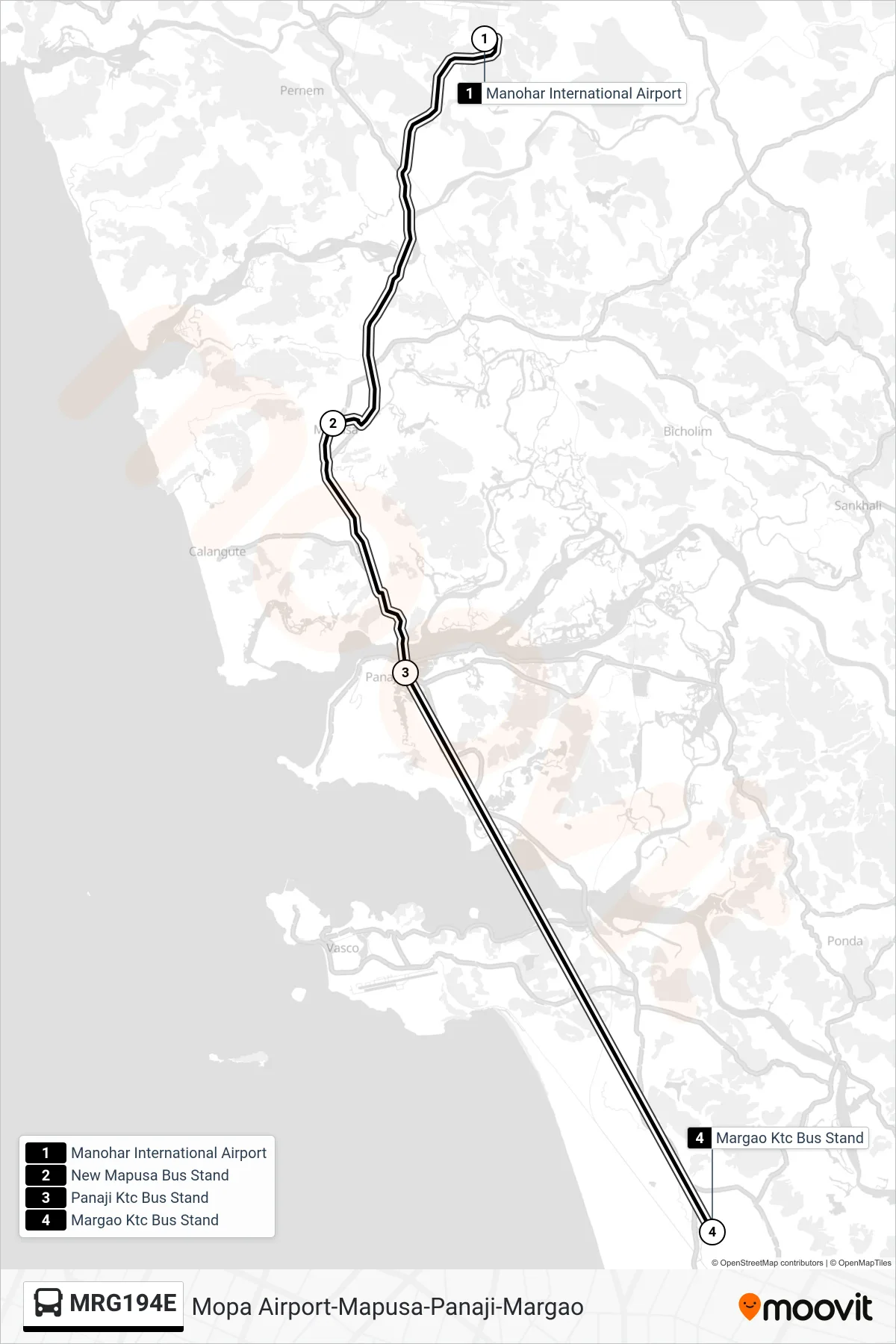 MRG194E bus Line (Mopa Airport-Mapusa-Panaji-Margao) route and stops on a map