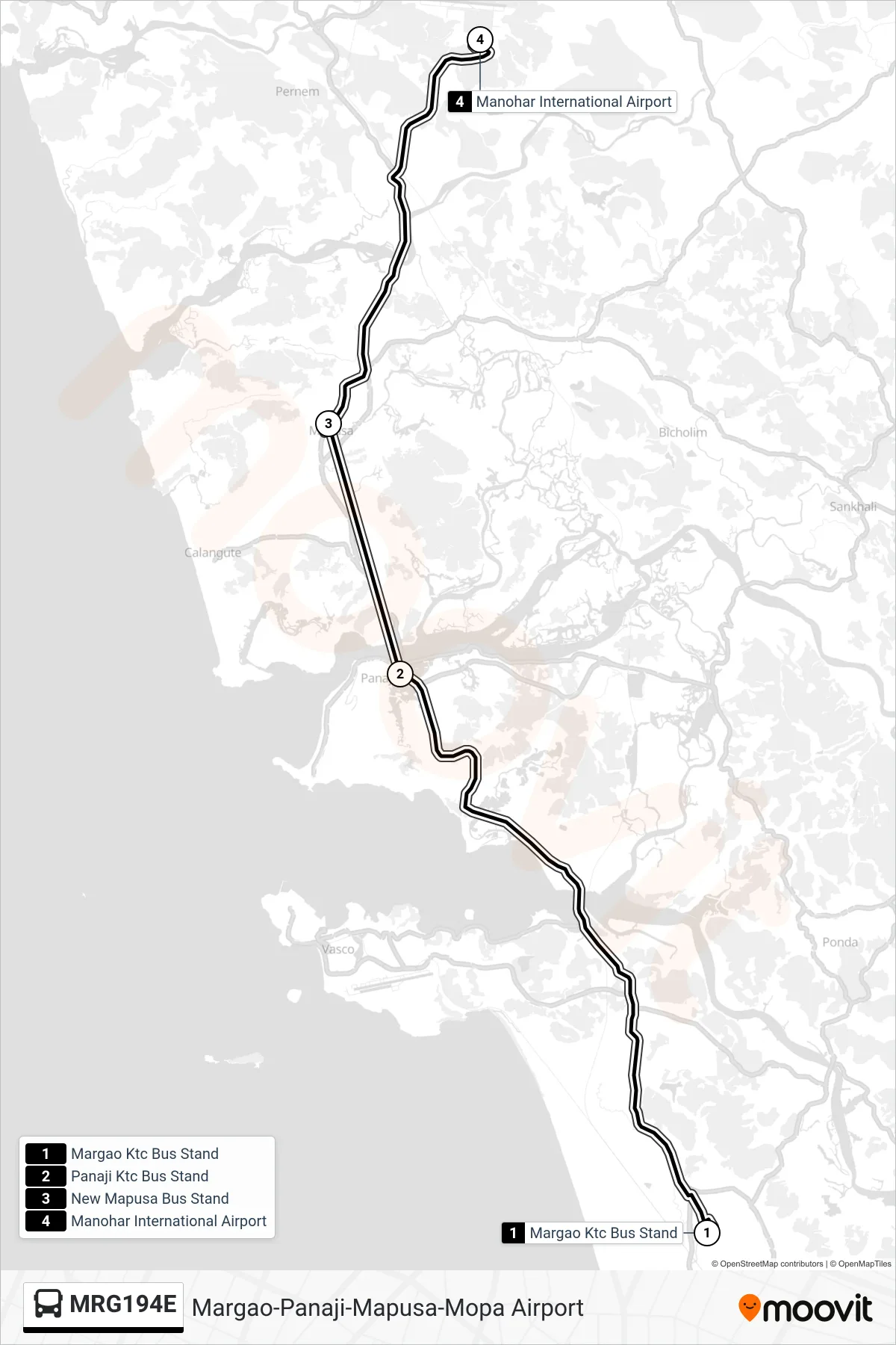 MRG194E bus Line (Margao-Panaji-Mapusa-Mopa Airport) route and stops on a map