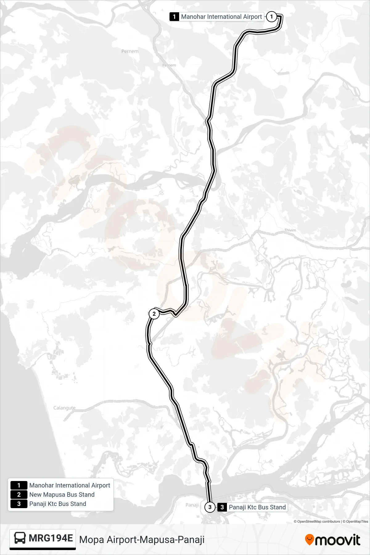 MRG194E bus Line (Mopa Airport-Mapusa-Panaji) route and stops on a map