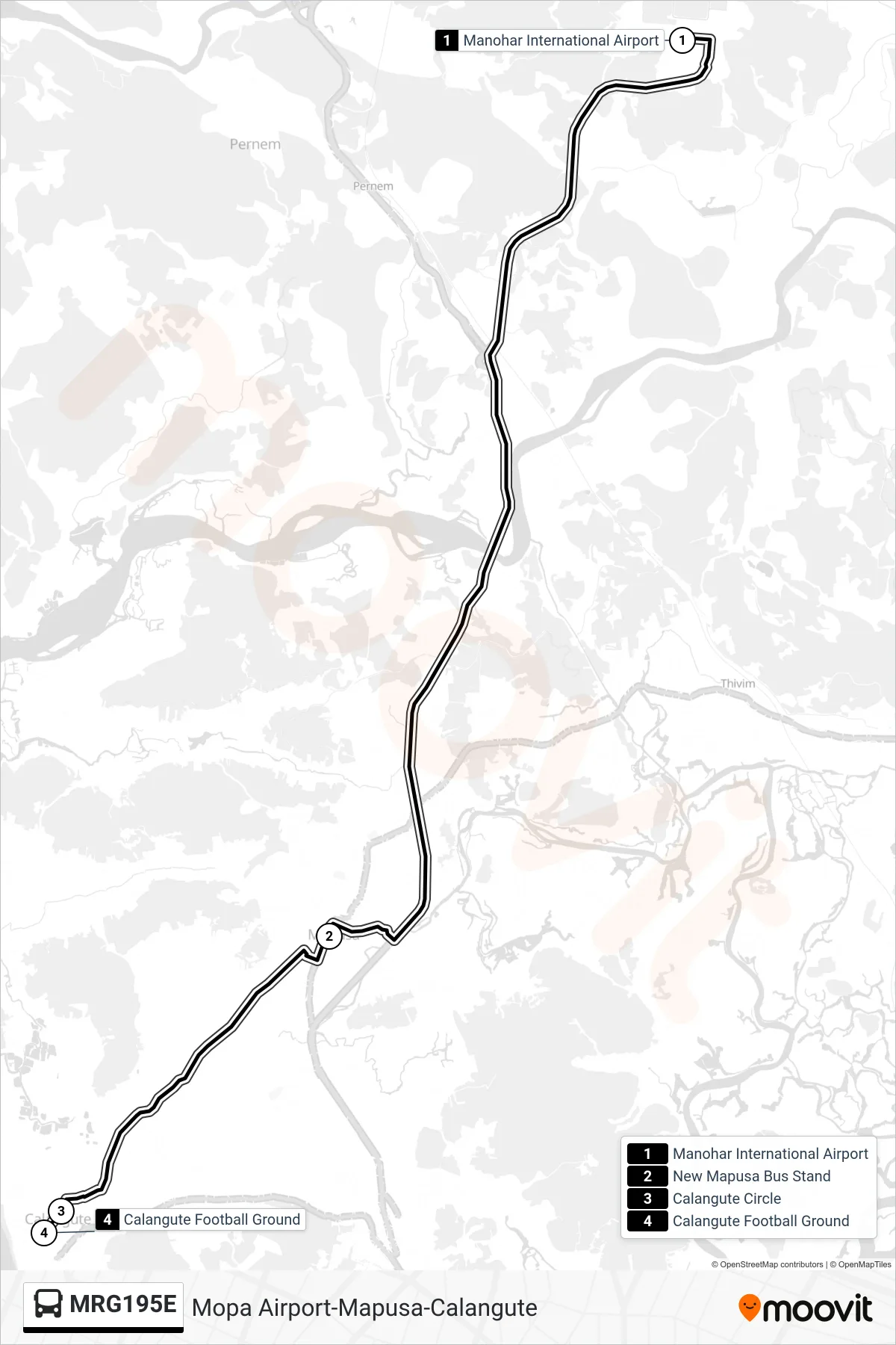 MRG195E bus Line (Mopa Airport-Mapusa-Calangute) route and stops on a map