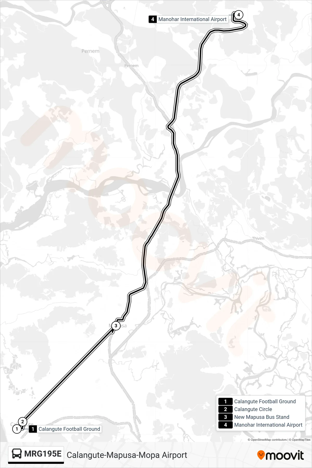 MRG195E bus Line (Calangute-Mapusa-Mopa Airport) route and stops on a map