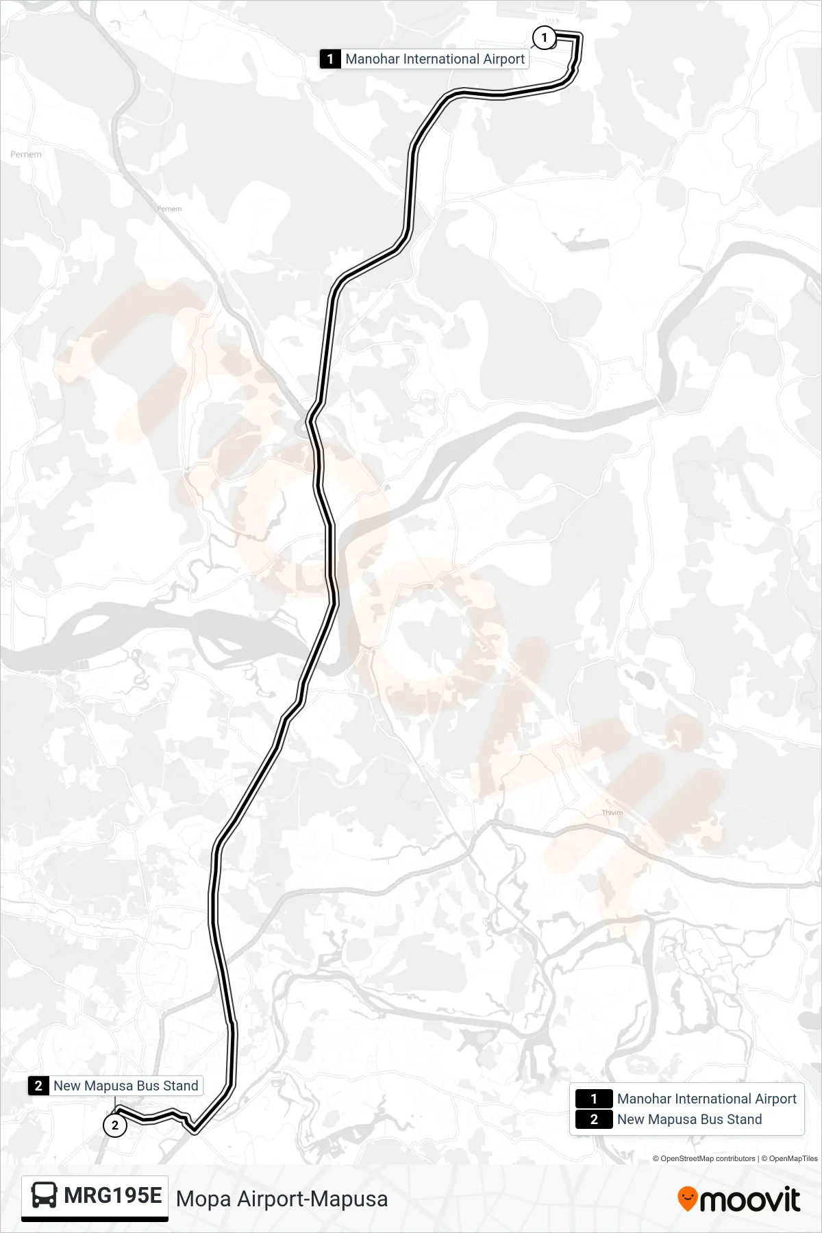 MRG195E bus Line (Mopa Airport-Mapusa) route and stops on a map