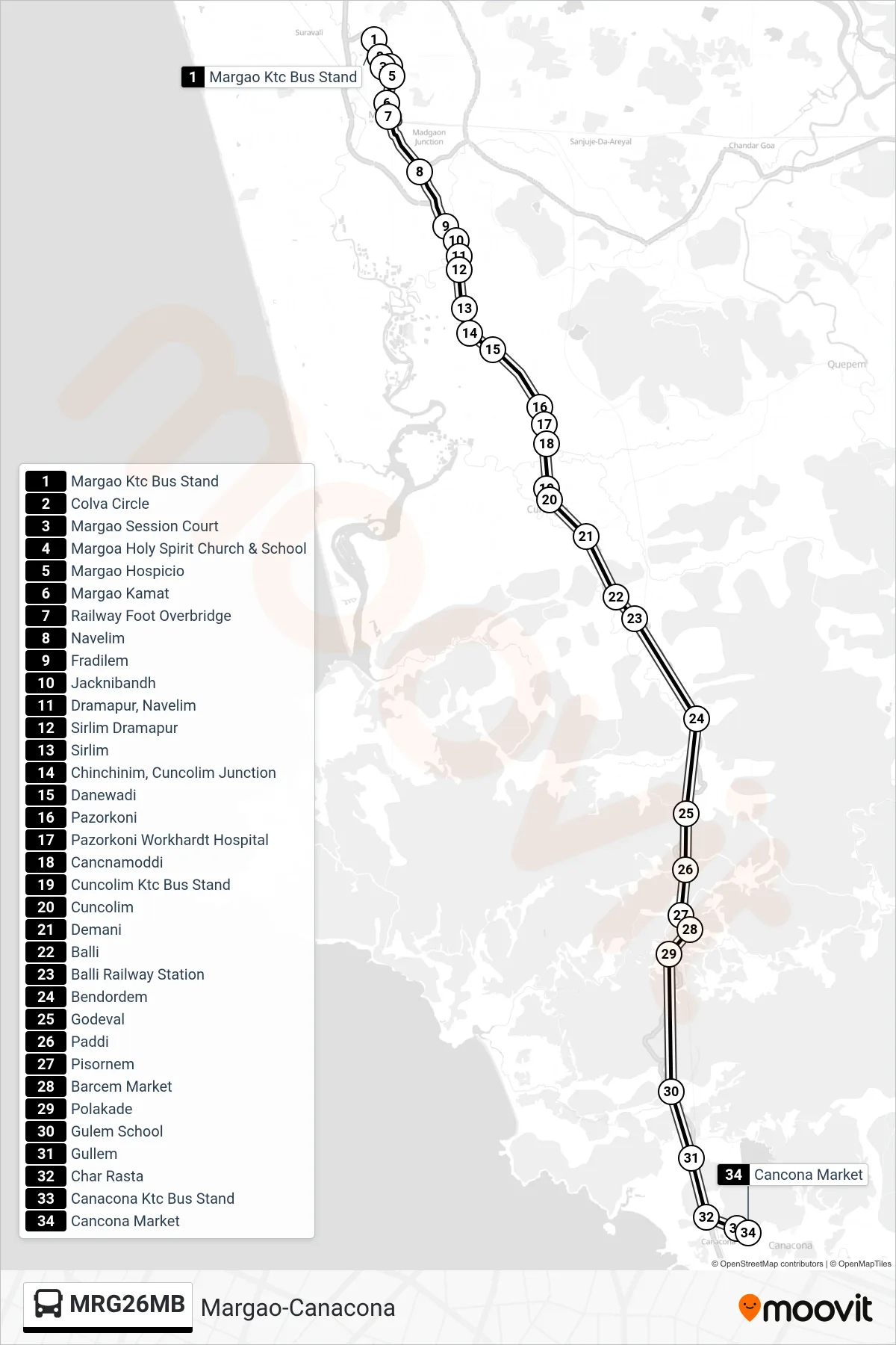 MRG26MB bus Line (Margao-Canacona) route and stops on a map