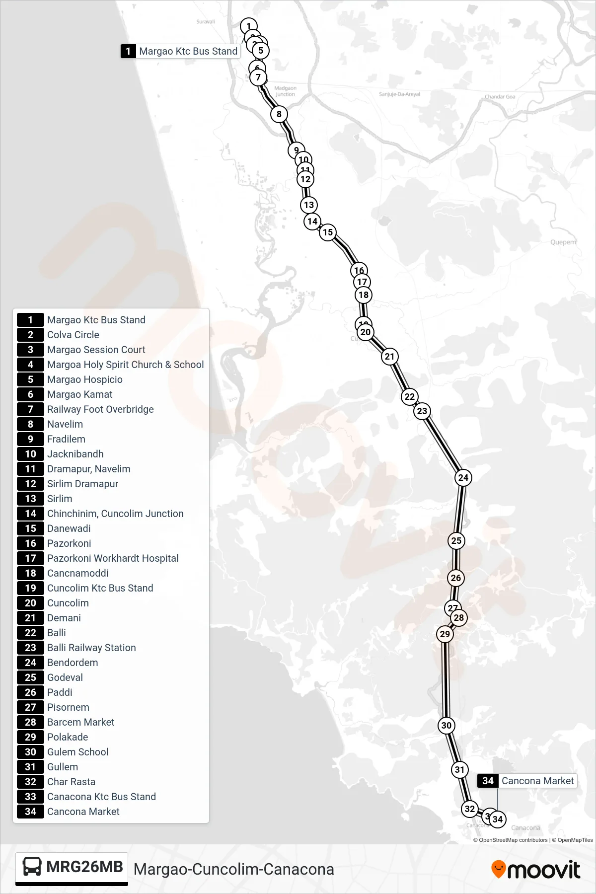 MRG26MB bus Line (Margao-Cuncolim-Canacona) route and stops on a map