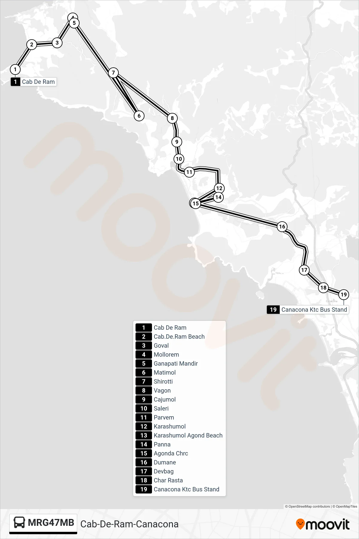 MRG47MB bus Line (Cab-De-Ram-Canacona) route and stops on a map