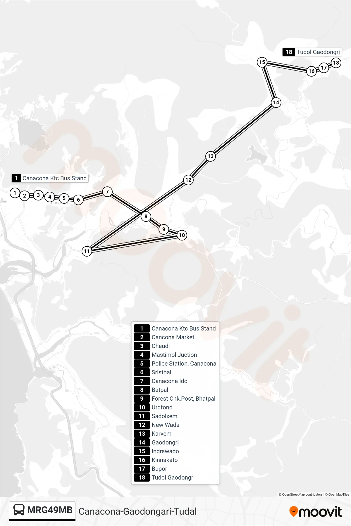 MRG49MB bus Line (Canacona-Gaodongari-Tudal) route and stops on a map