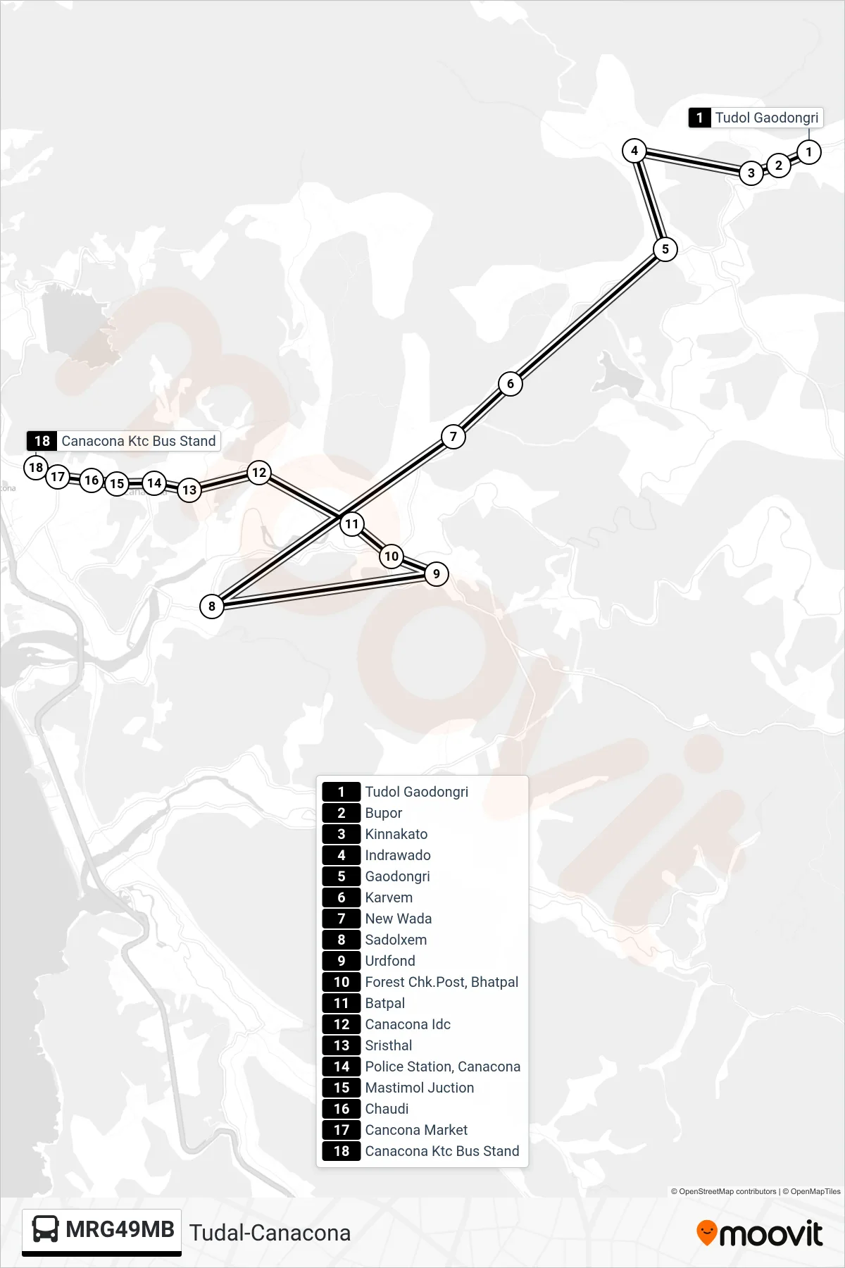 MRG49MB bus Line (Tudal-Canacona) route and stops on a map