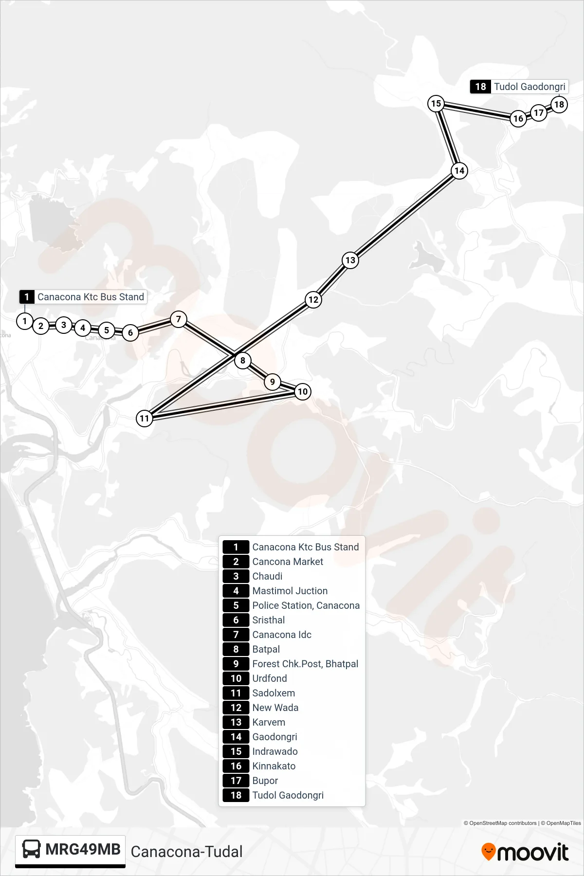 MRG49MB bus Line (Canacona-Tudal) route and stops on a map