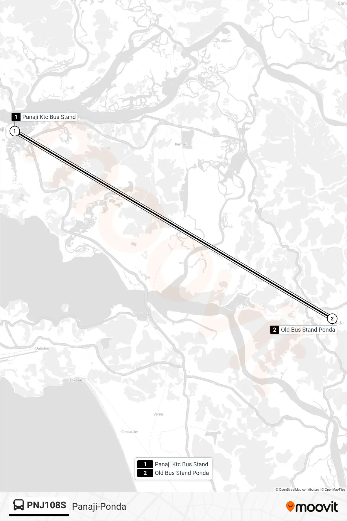 PNJ108S bus Line (Panaji-Ponda) route and stops on a map