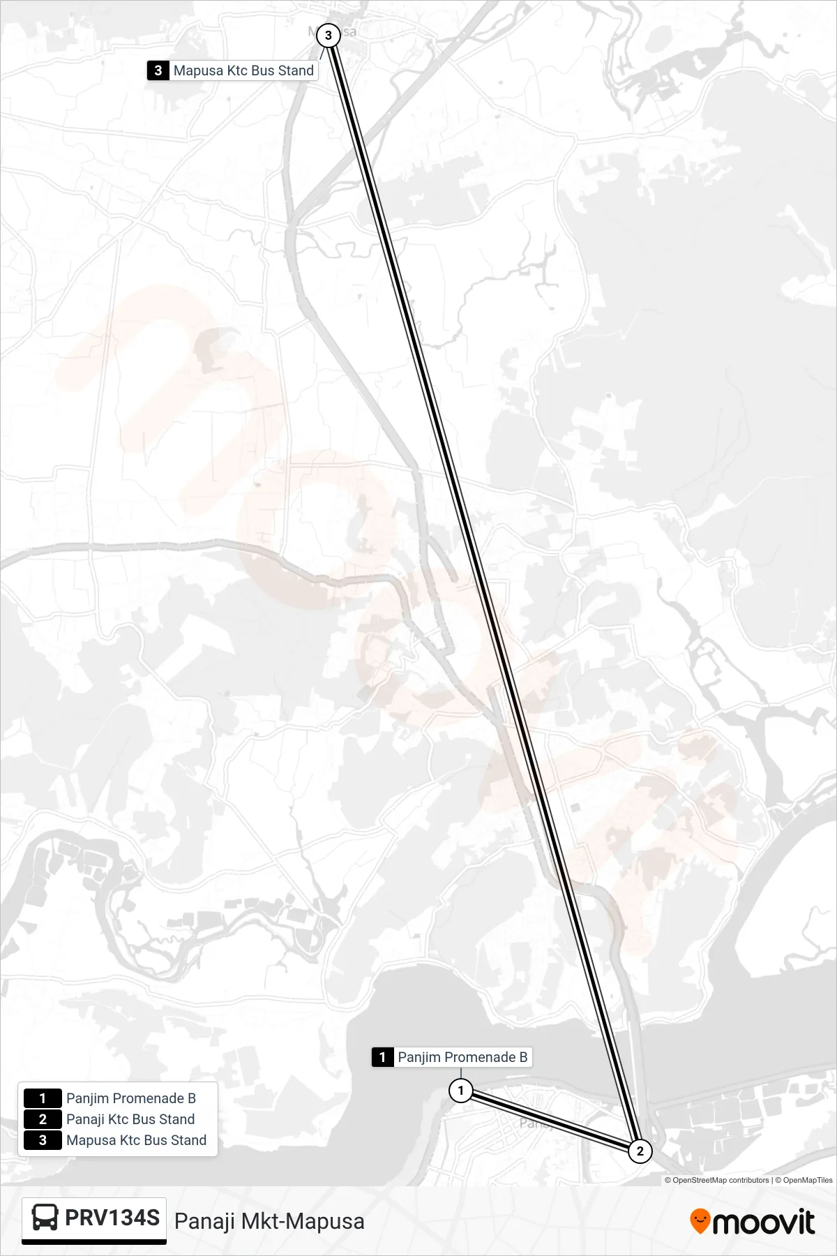 PRV134S bus Line (Panaji Mkt-Mapusa) route and stops on a map