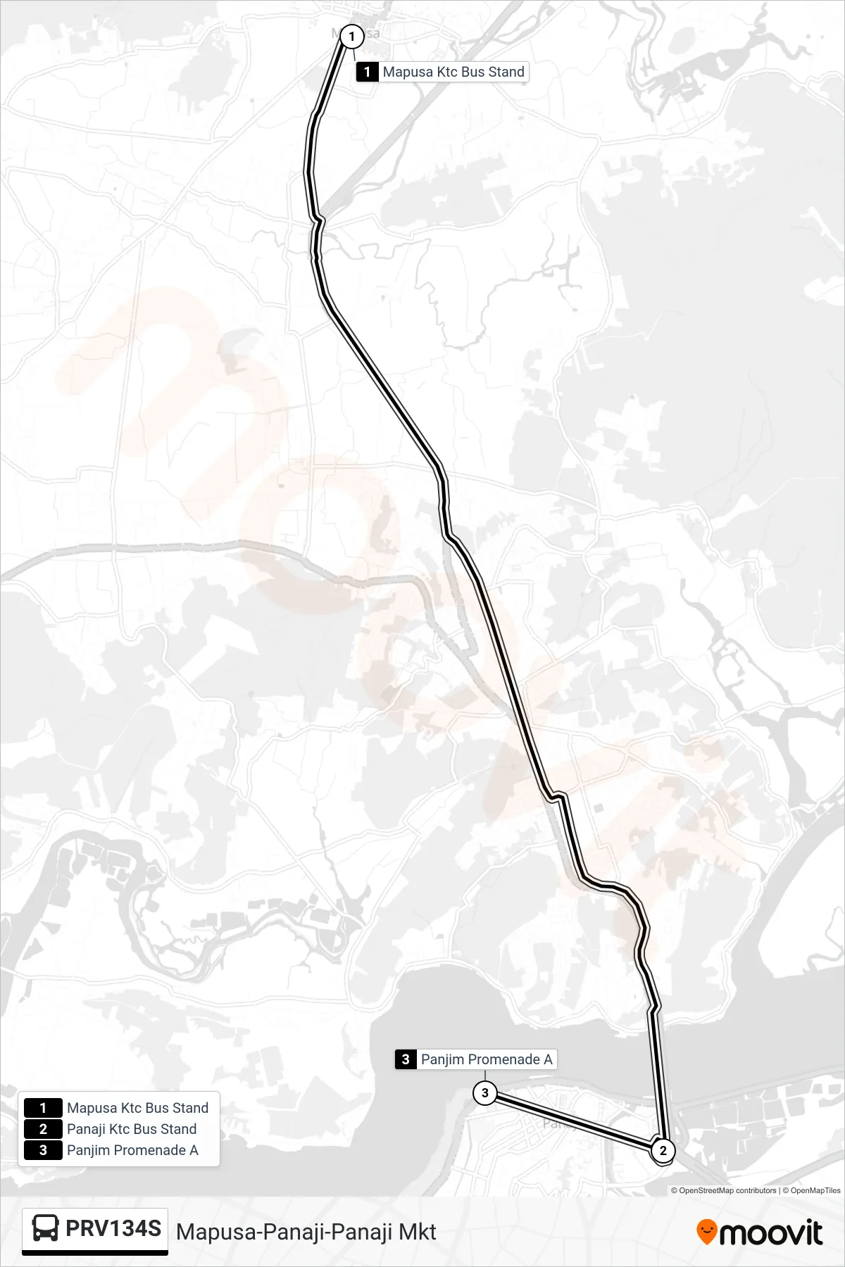 PRV134S bus Line (Mapusa-Panaji-Panaji Mkt) route and stops on a map