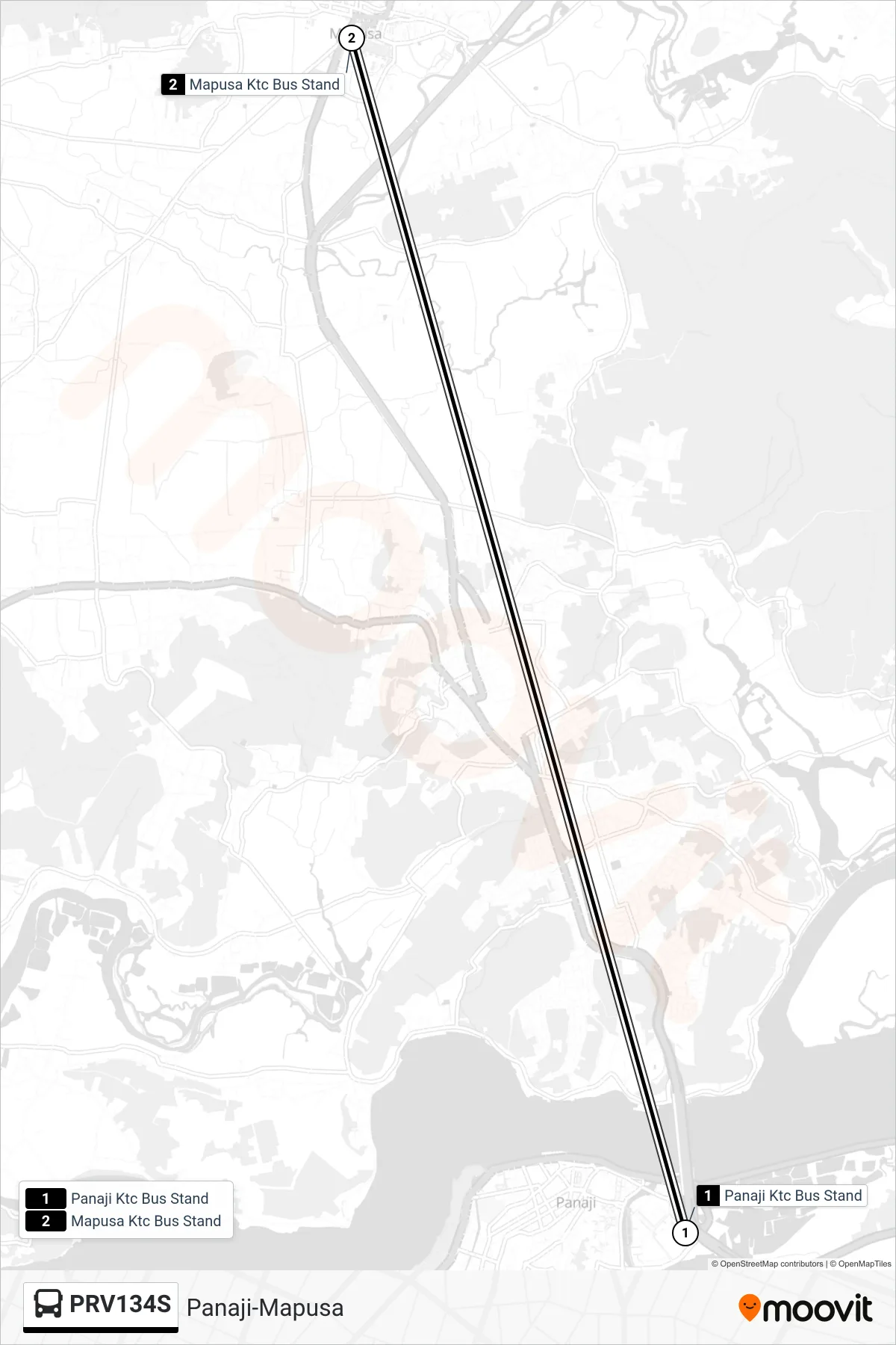 PRV134S bus Line (Panaji-Mapusa) route and stops on a map