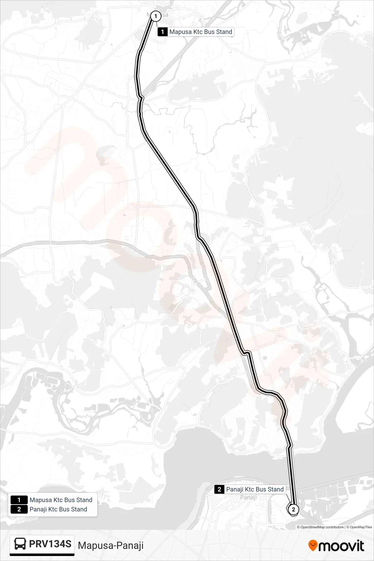 PRV134S bus Line (Mapusa-Panaji) route and stops on a map
