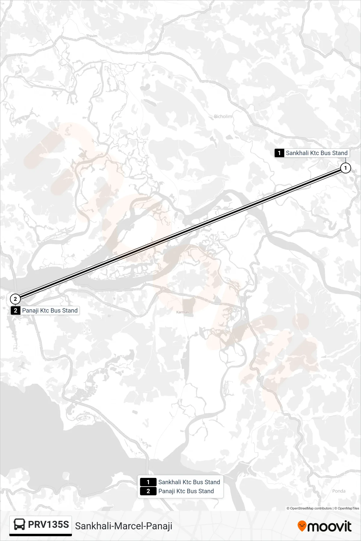 PRV135S bus Line (Sankhali-Marcel-Panaji) route and stops on a map