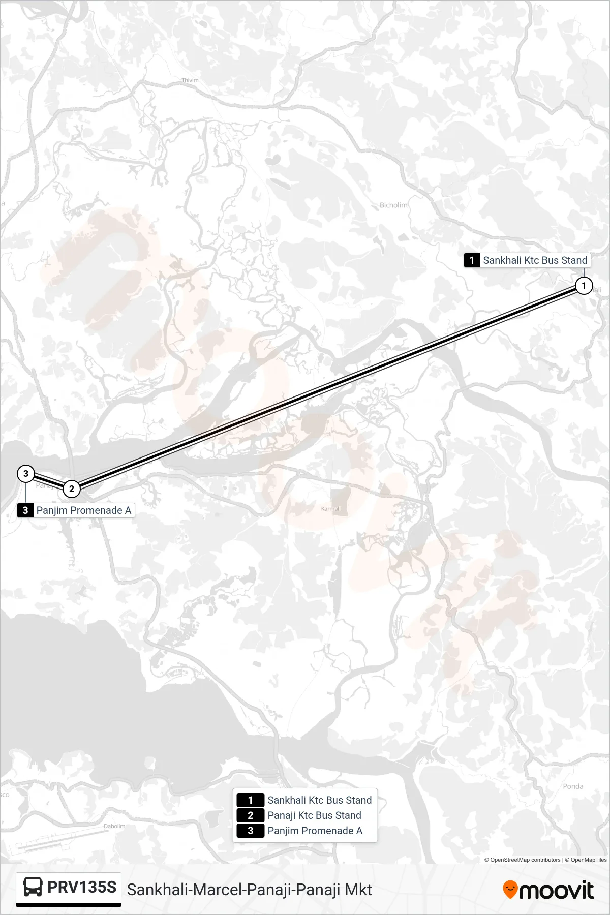 PRV135S bus Line (Sankhali-Marcel-Panaji-Panaji Mkt) route and stops on a map