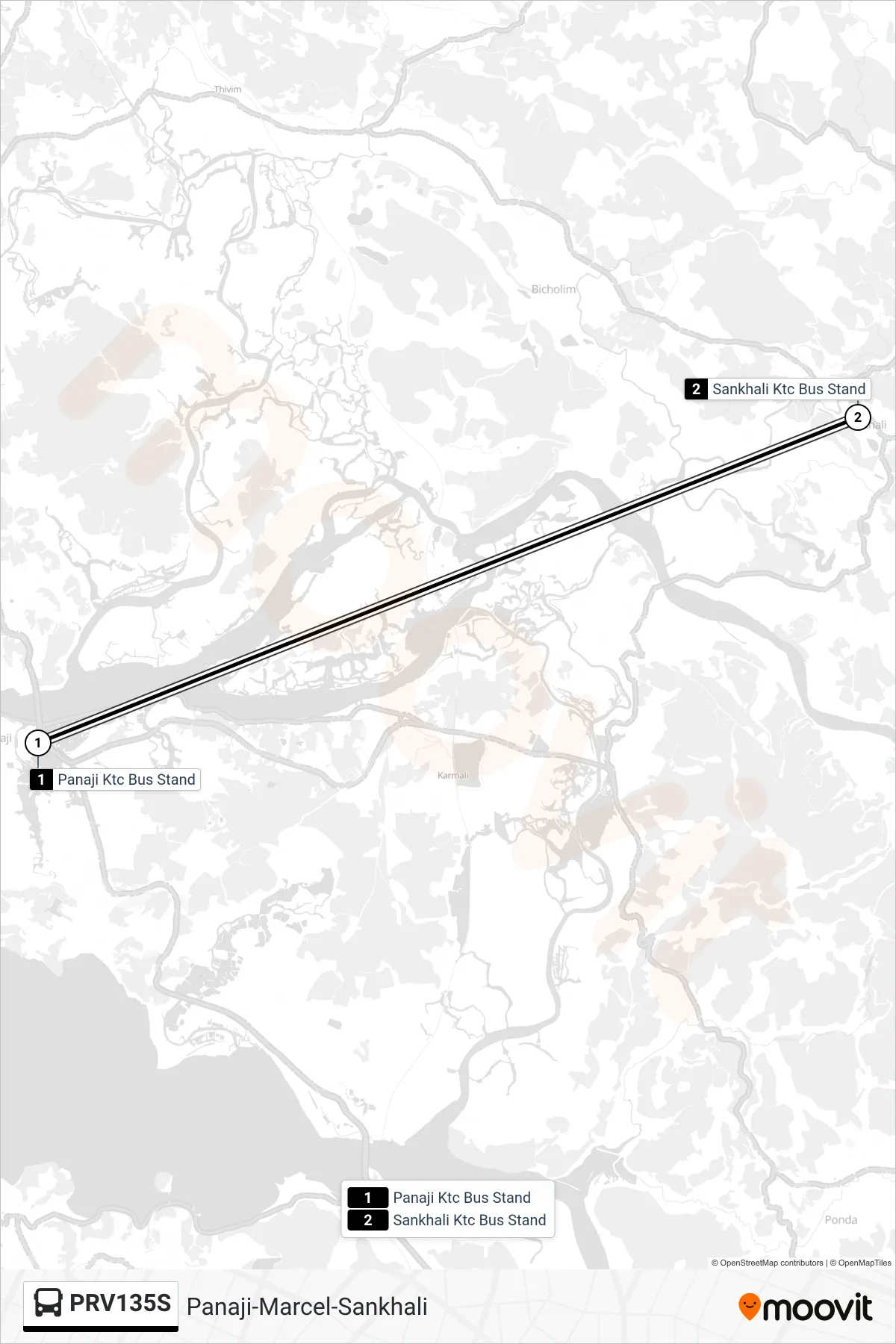 PRV135S bus Line (Panaji-Marcel-Sankhali) route and stops on a map