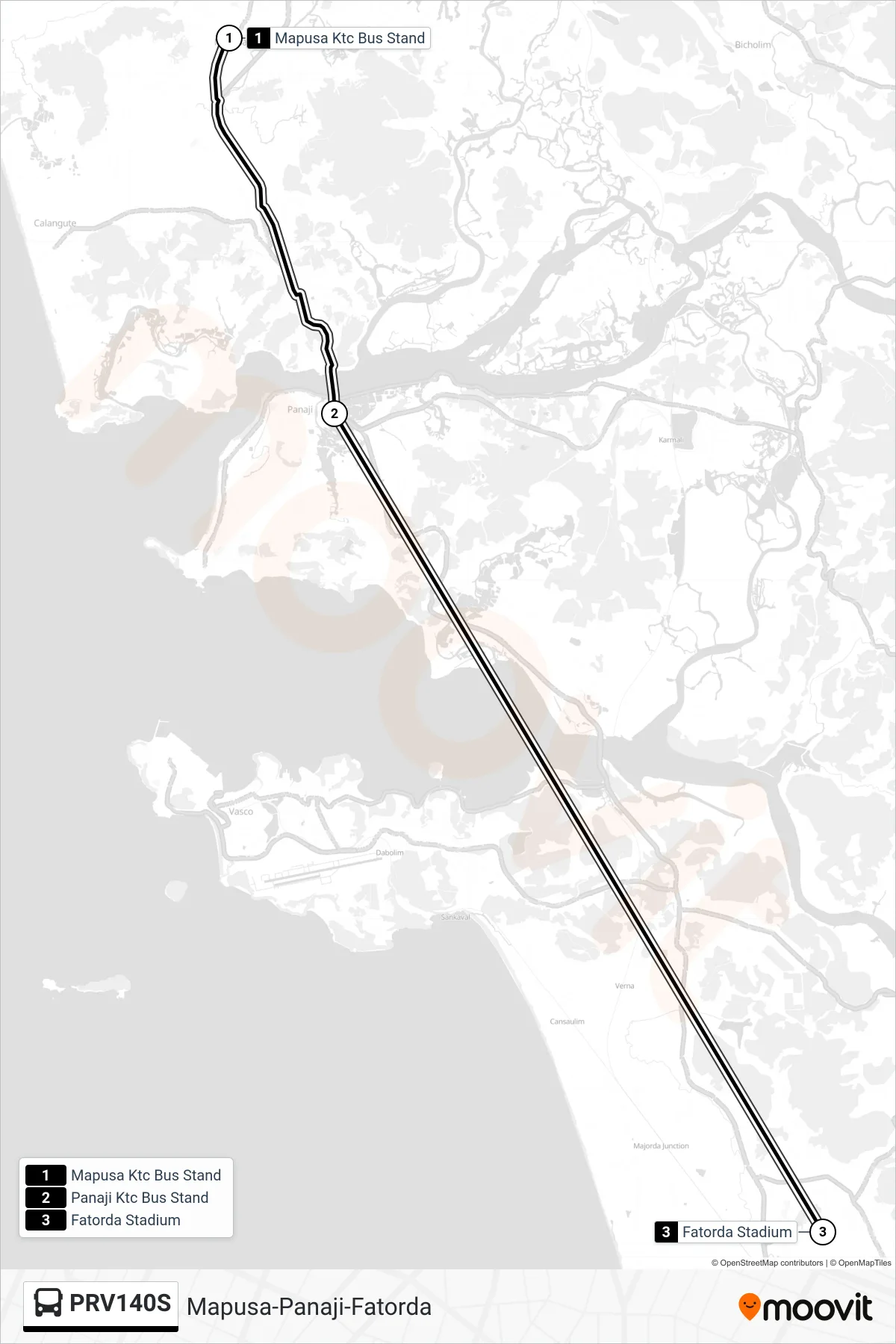 PRV140S bus Line (Mapusa-Panaji-Fatorda) route and stops on a map