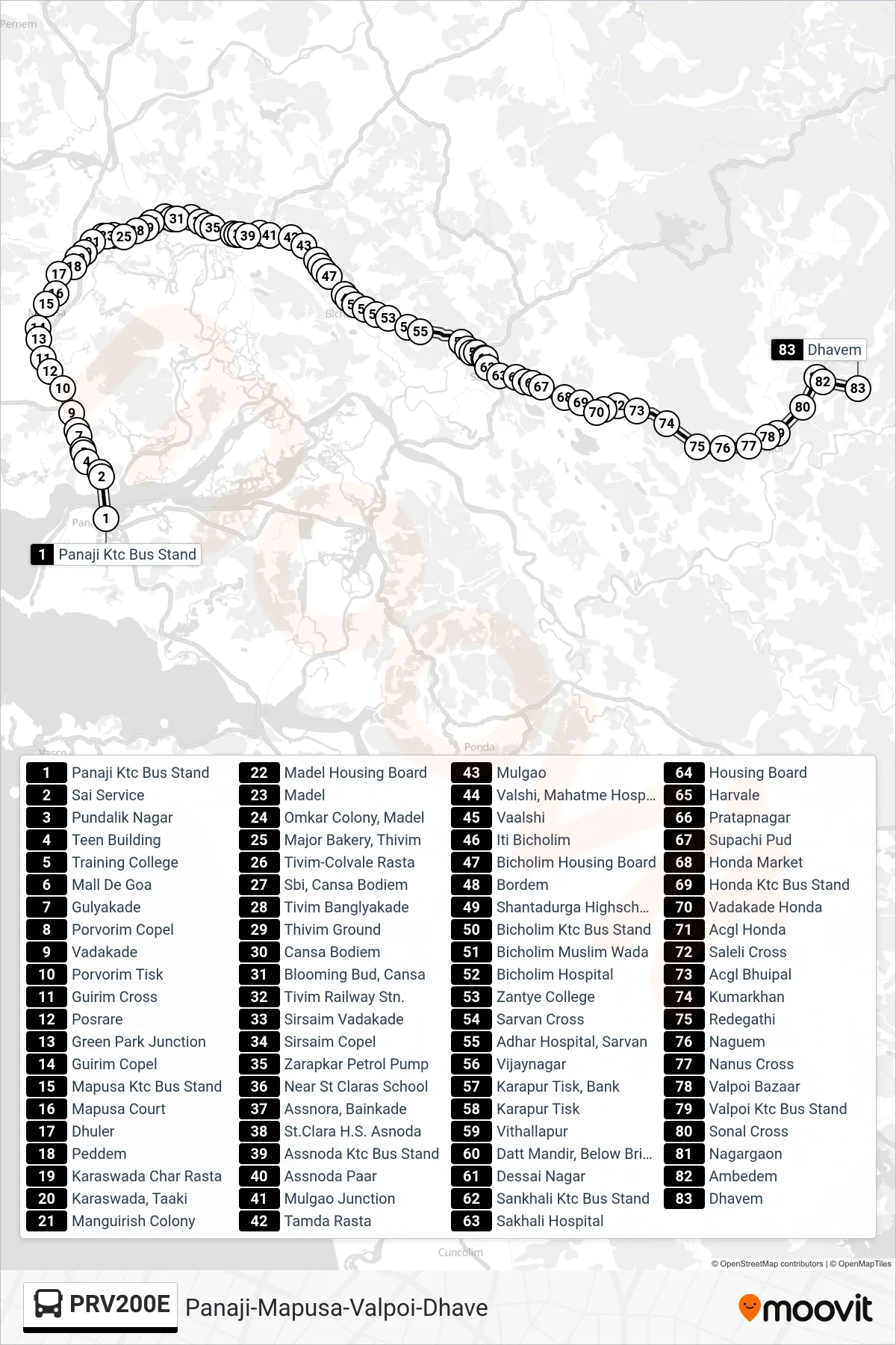 PRV200E bus Line (Panaji-Mapusa-Valpoi-Dhave) route and stops on a map