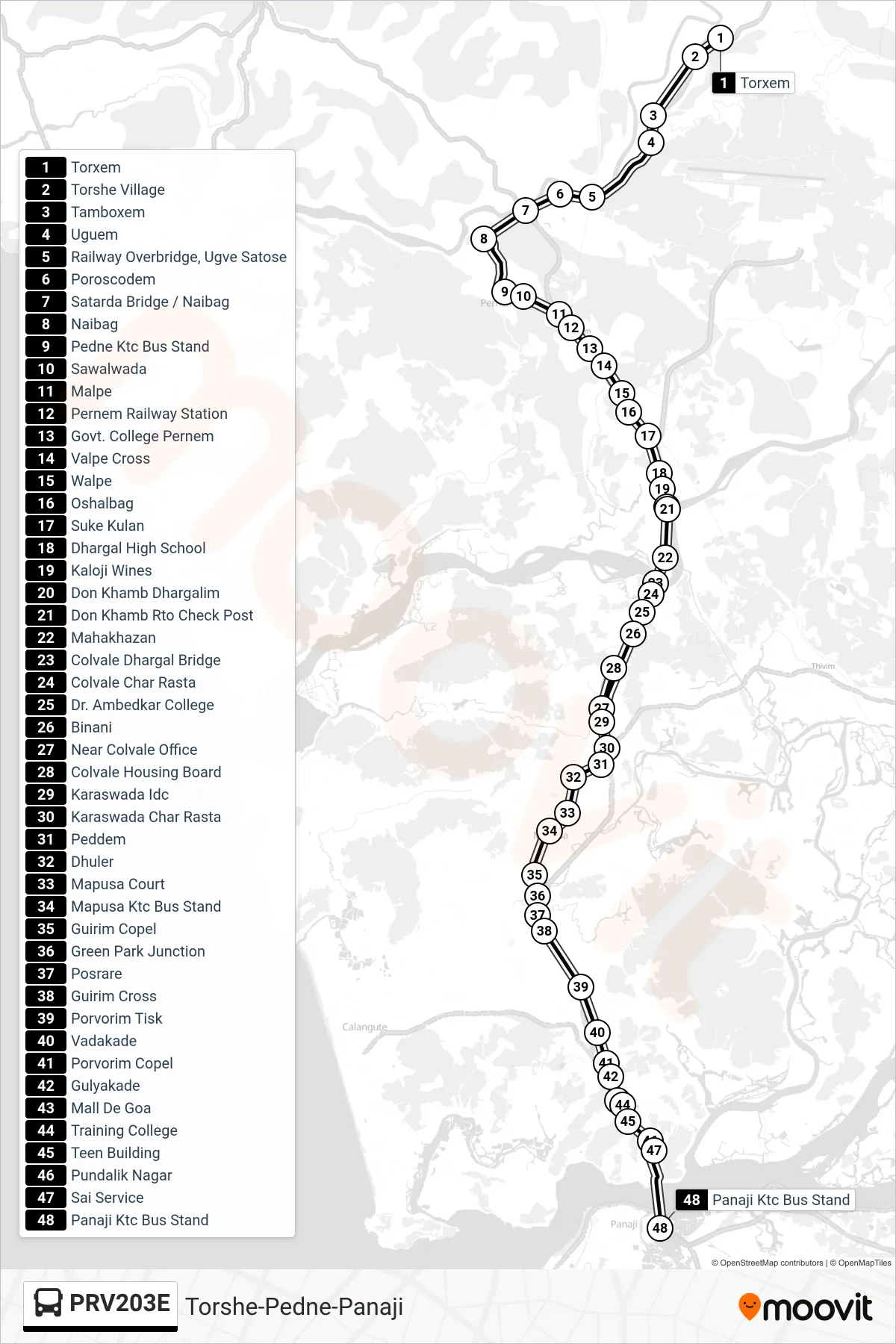 PRV203E bus Line (Torshe-Pedne-Panaji) route and stops on a map