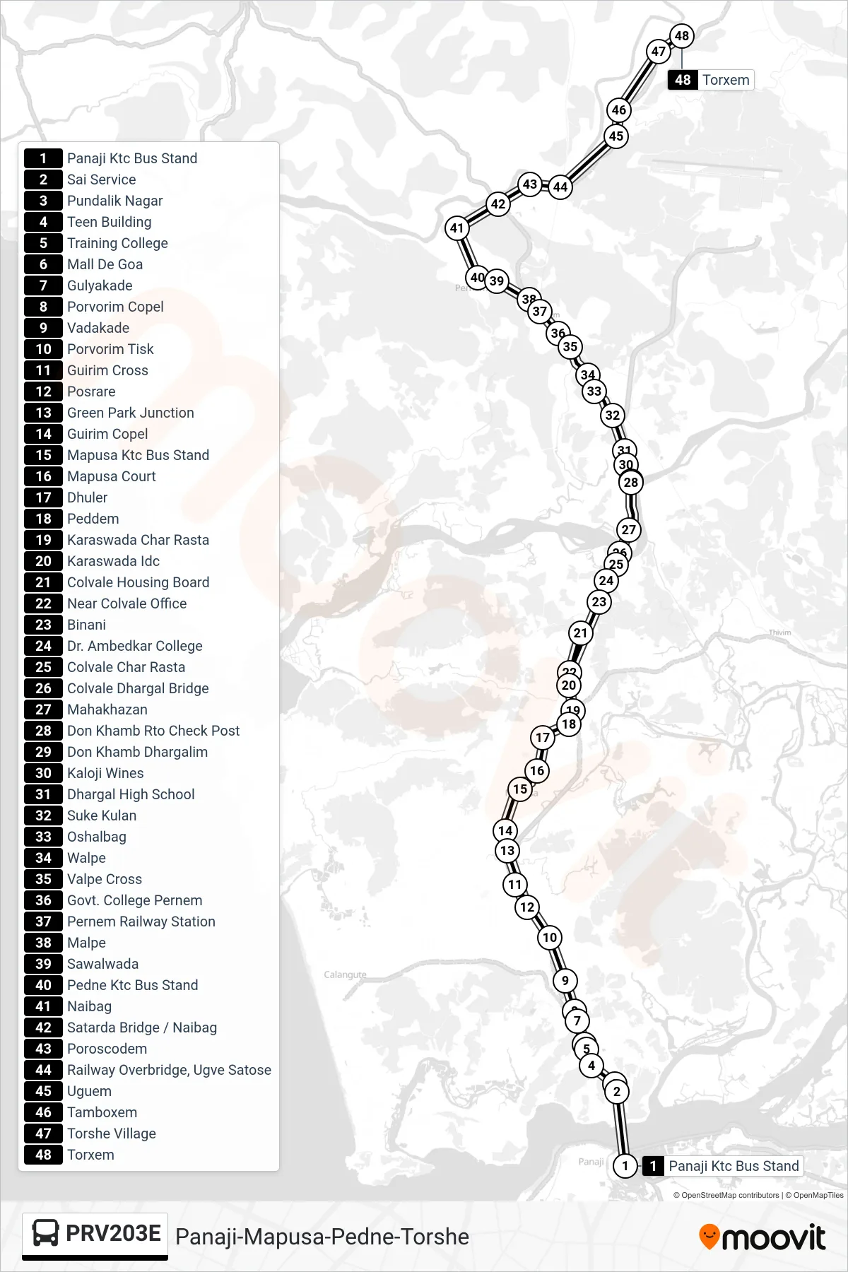 PRV203E bus Line (Panaji-Mapusa-Pedne-Torshe) route and stops on a map