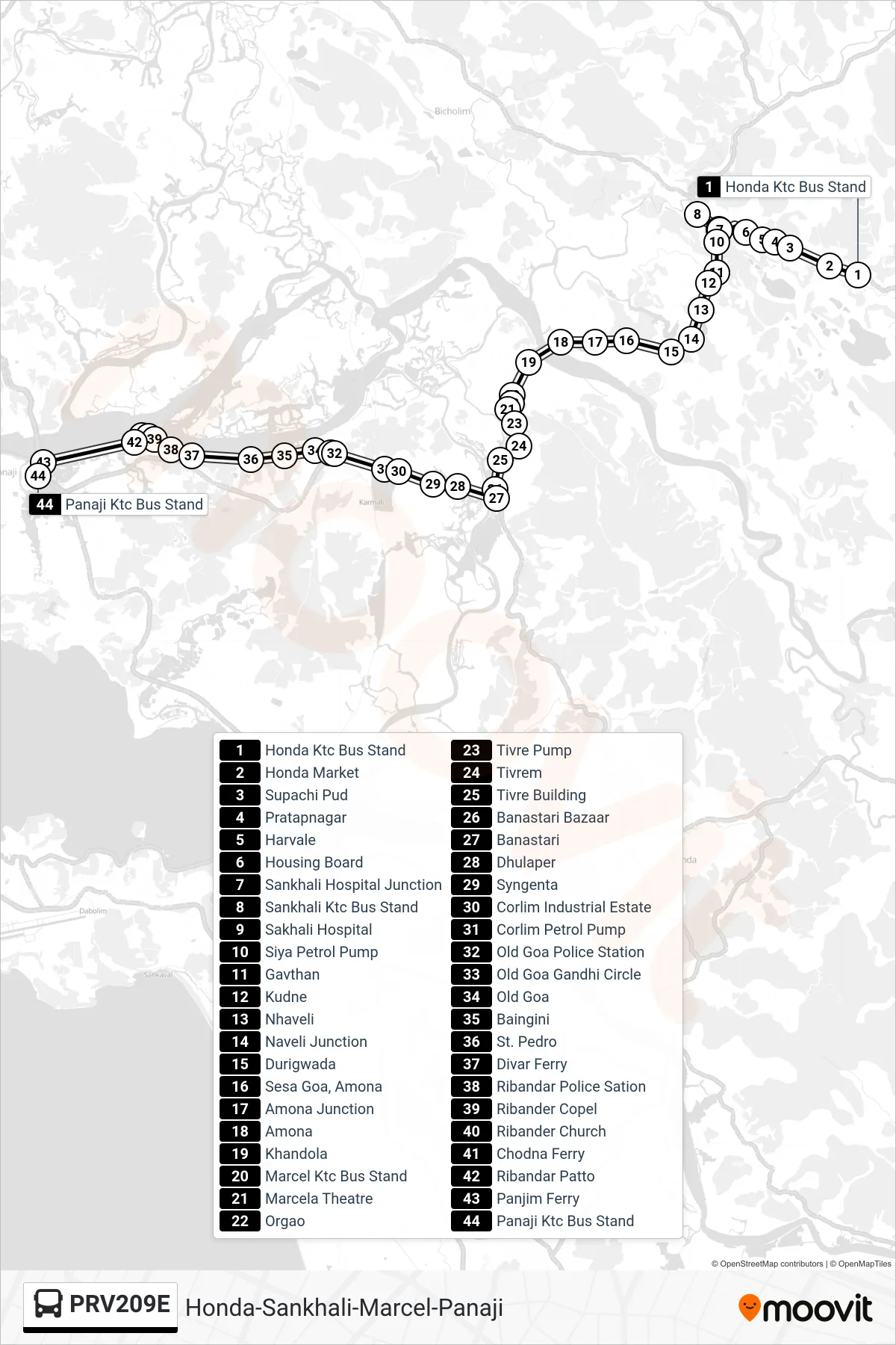 PRV209E bus Line (Honda-Sankhali-Marcel-Panaji) route and stops on a map