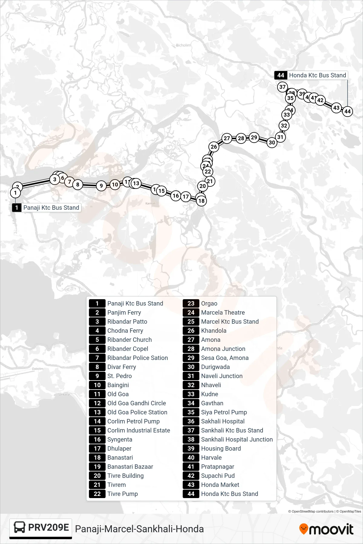 PRV209E bus Line (Panaji-Marcel-Sankhali-Honda) route and stops on a map