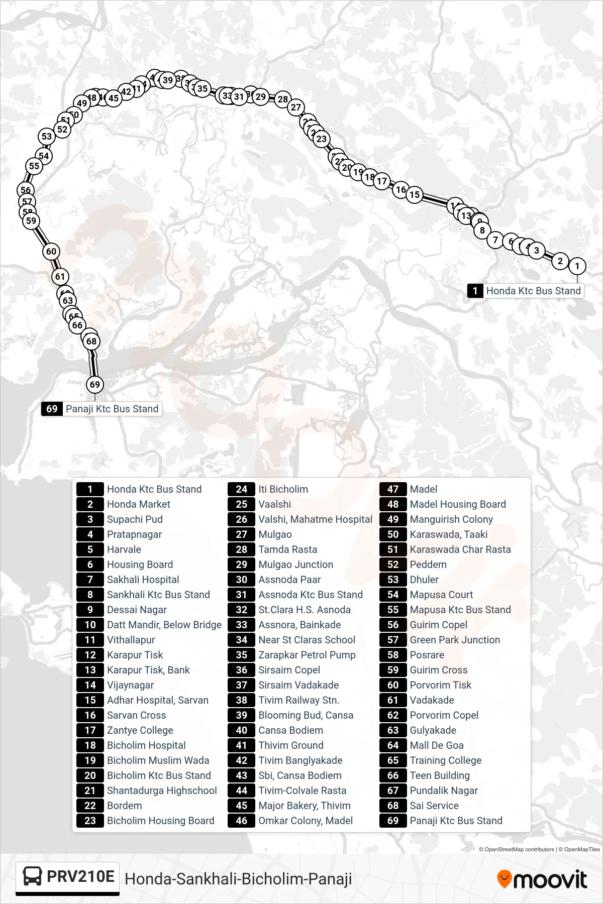 PRV210E bus Line (Honda-Sankhali-Bicholim-Panaji) route and stops on a map