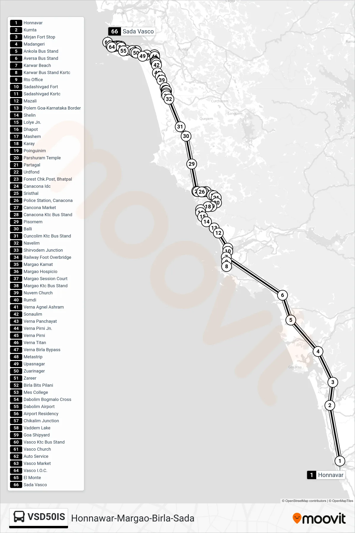 VSD50IS bus Line (Honnawar-Margao-Birla-Sada) route and stops on a map