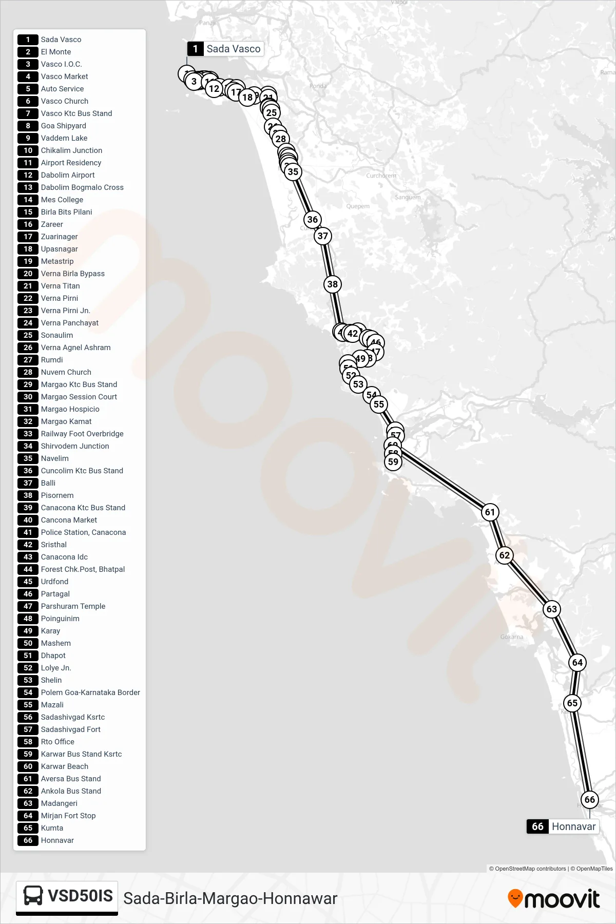 VSD50IS bus Line (Sada-Birla-Margao-Honnawar) route and stops on a map