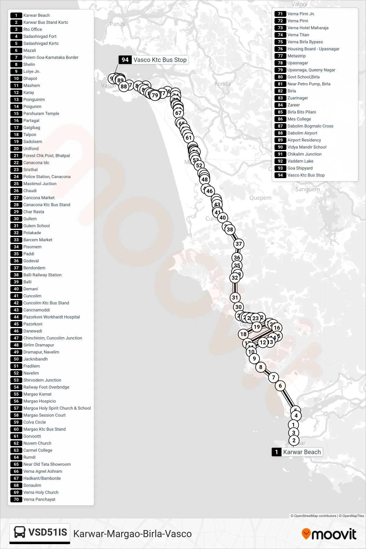 VSD51IS bus Line (Karwar-Margao-Birla-Vasco) route and stops on a map