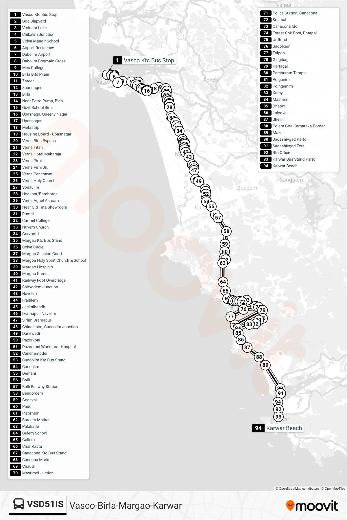 VSD51IS bus Line (Vasco-Birla-Margao-Karwar) route and stops on a map