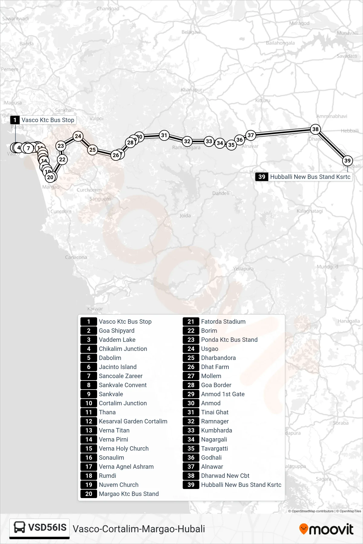VSD56IS bus Line (Vasco-Cortalim-Margao-Hubali) route and stops on a map