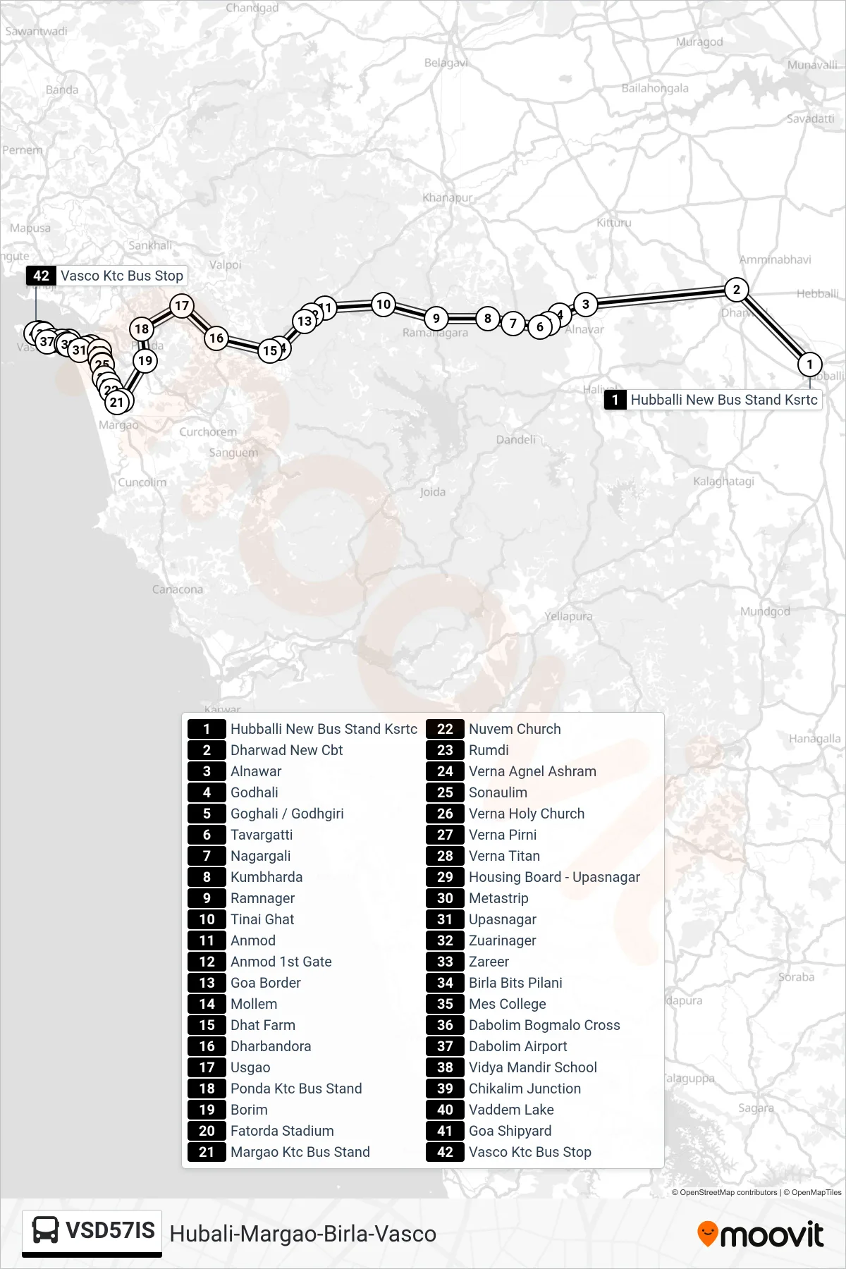 VSD57IS bus Line (Hubali-Margao-Birla-Vasco) route and stops on a map