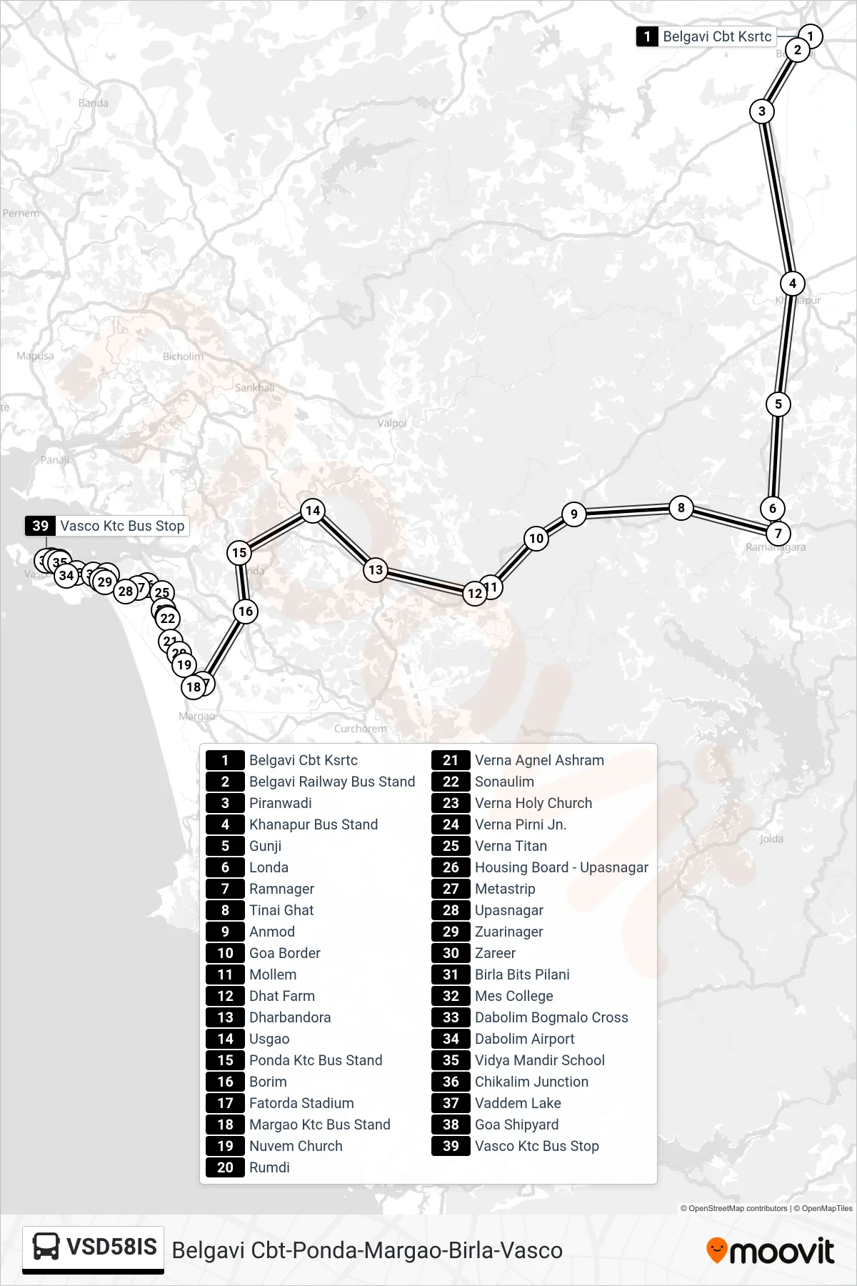 VSD58IS bus Line (Belgavi Cbt-Ponda-Margao-Birla-Vasco) route and stops on a map